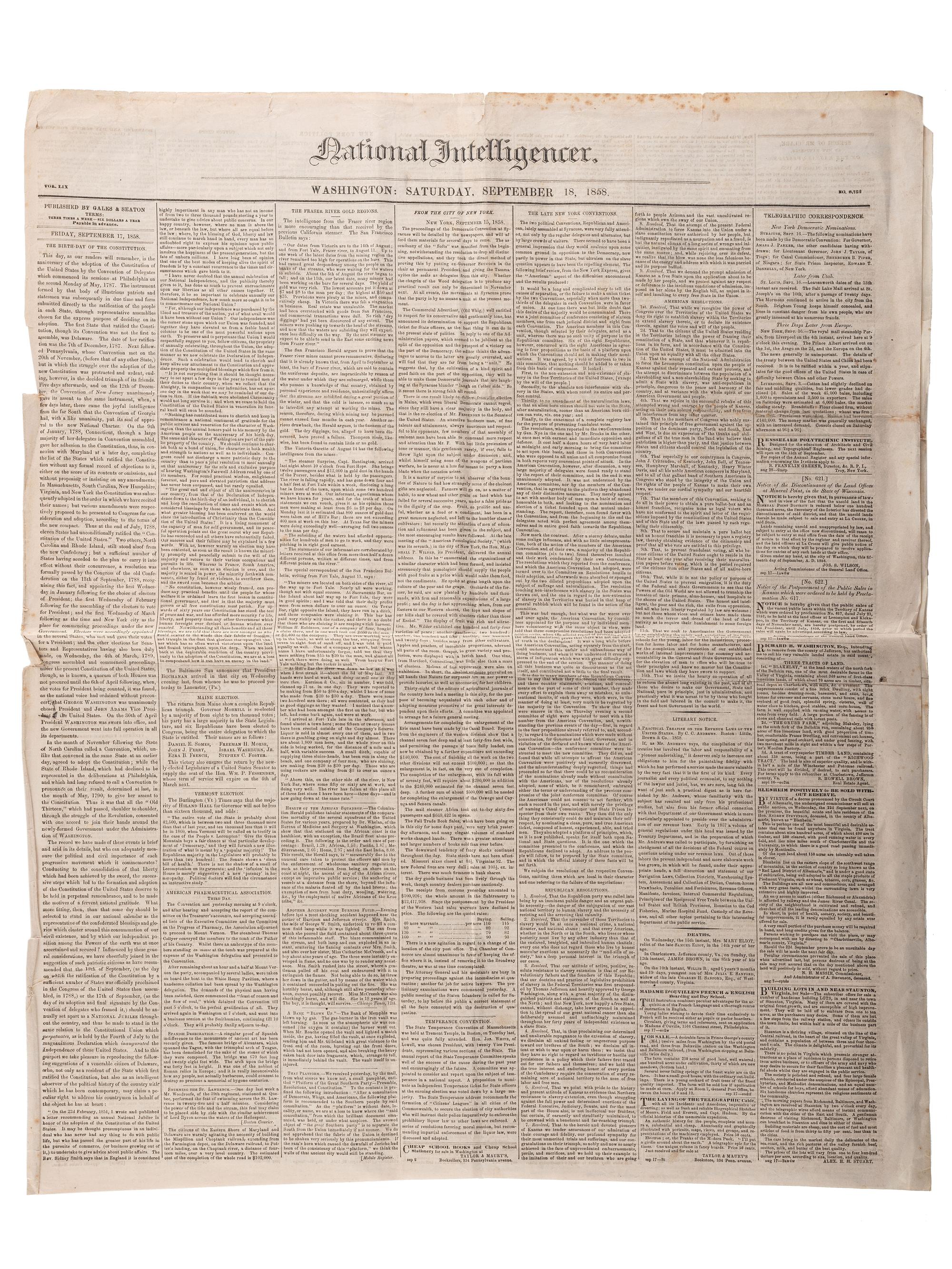 [SLAVERY & ABOLITION]. Advertisements for the return of freedom seekers published in 7 issues of The National Intelligencer . Washington, DC: 1831-1858.