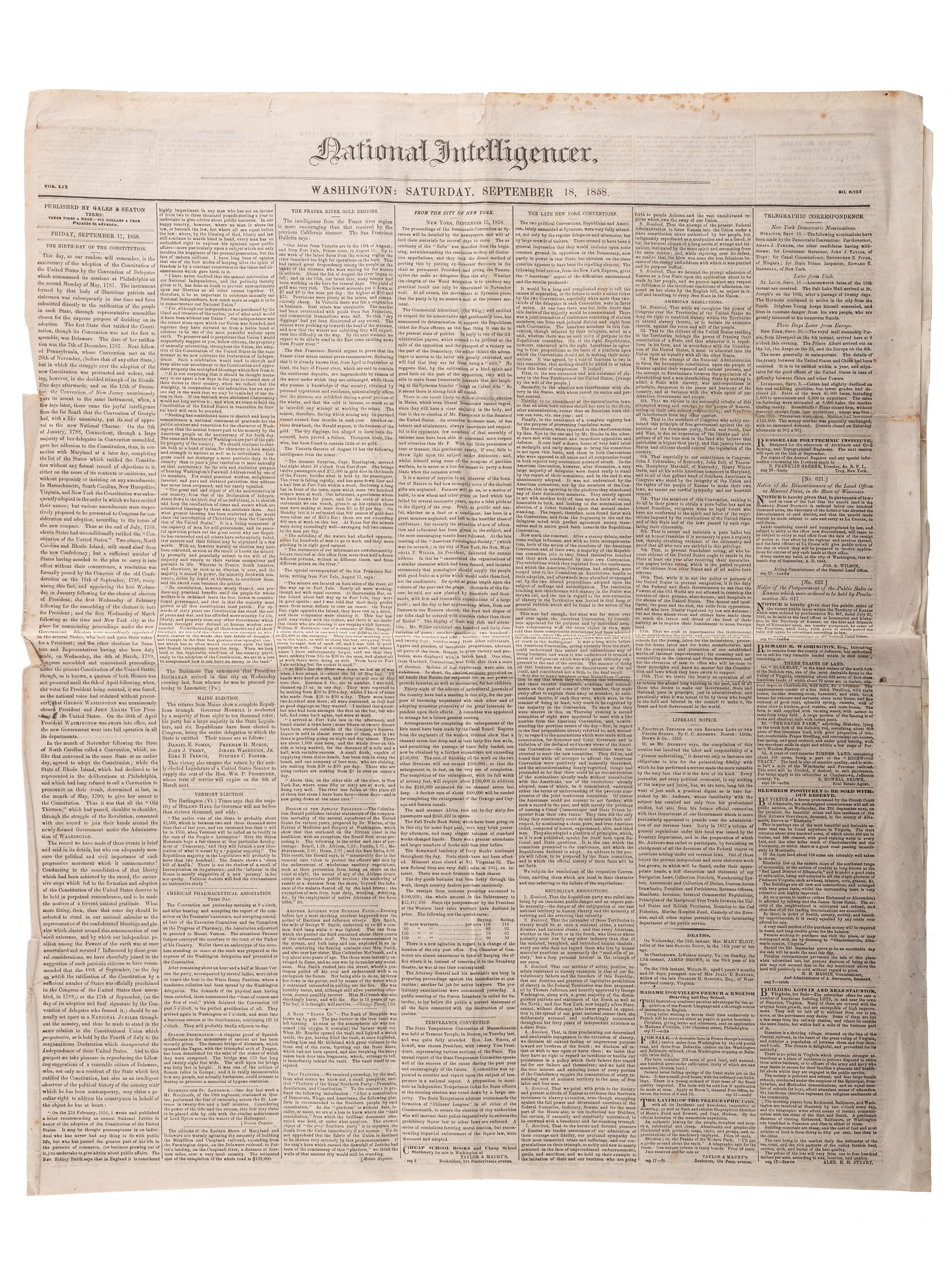 [SLAVERY & ABOLITION]. Advertisements for the return of freedom seekers published in 7 issues of The National Intelligencer . Washington, DC: 1831-1858.
