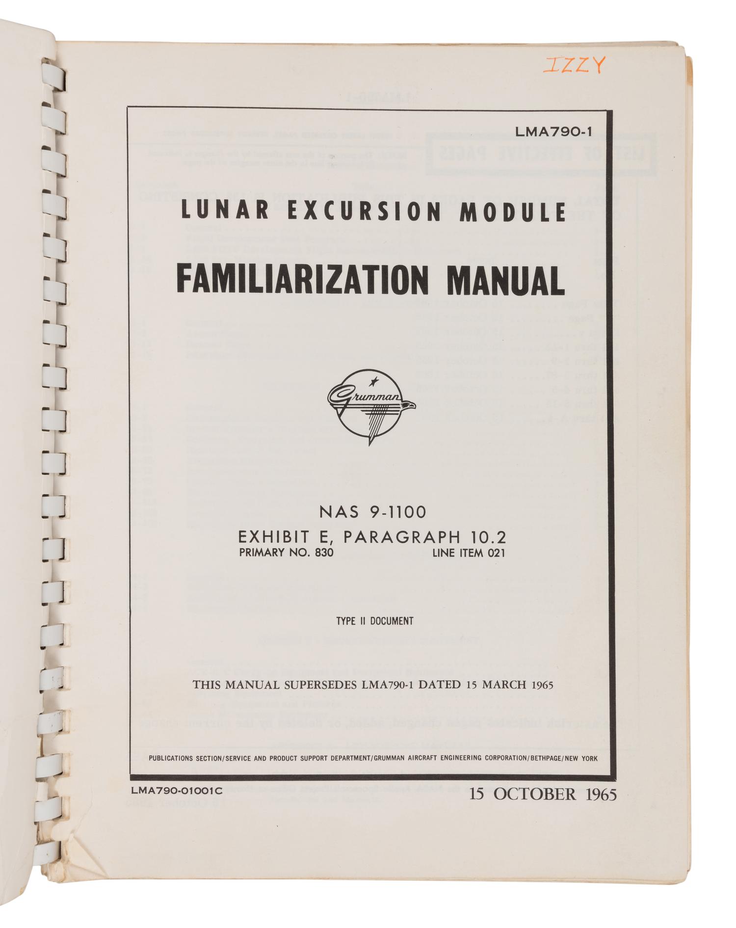 [NASA]. Lunar Excursion Module First Manned Lunar Landing Familiarization Manual . Grumman Aircraft Engineering Corporation, 15 October 1965.