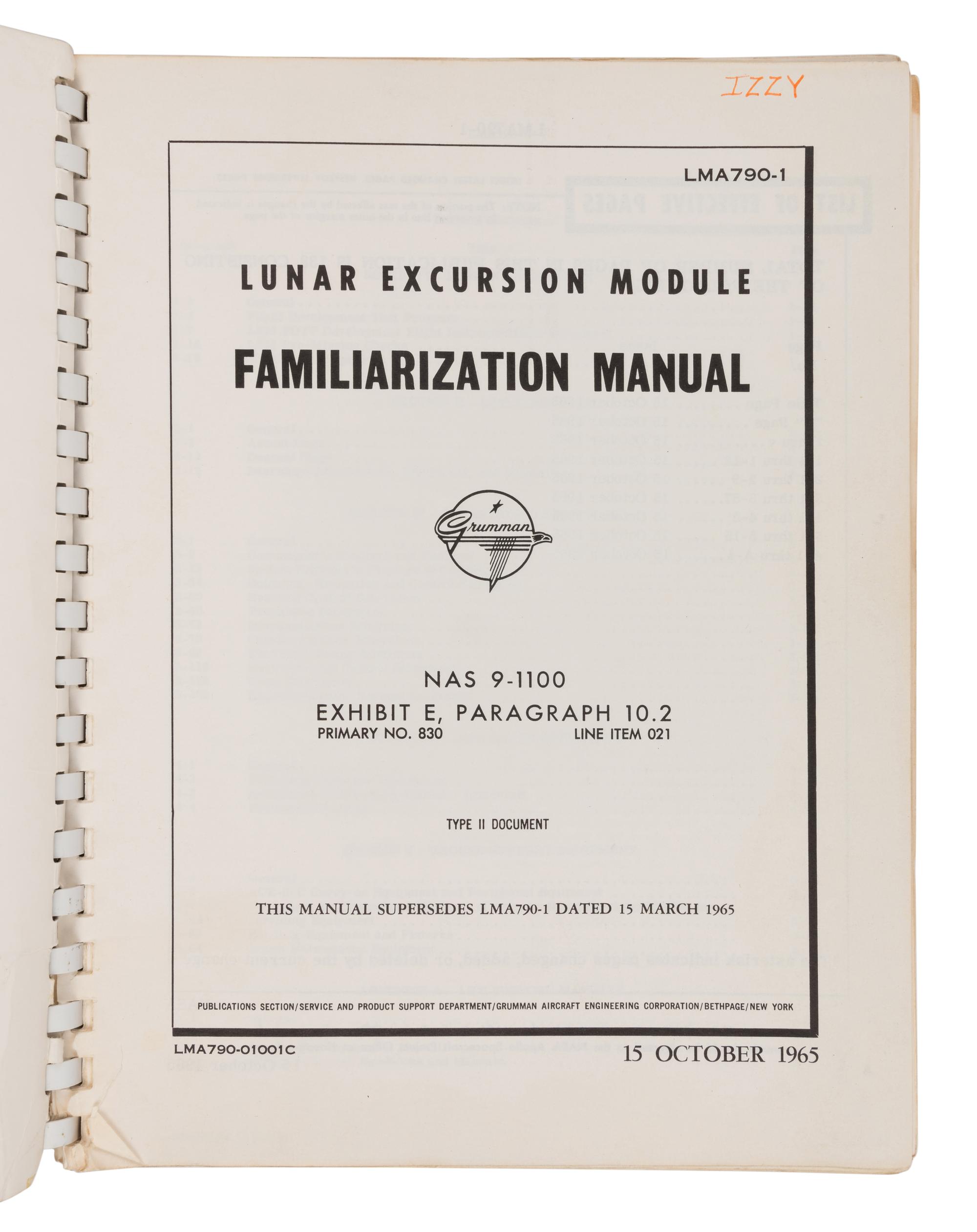 [NASA]. Lunar Excursion Module First Manned Lunar Landing Familiarization Manual . Grumman Aircraft Engineering Corporation, 15 October 1965.