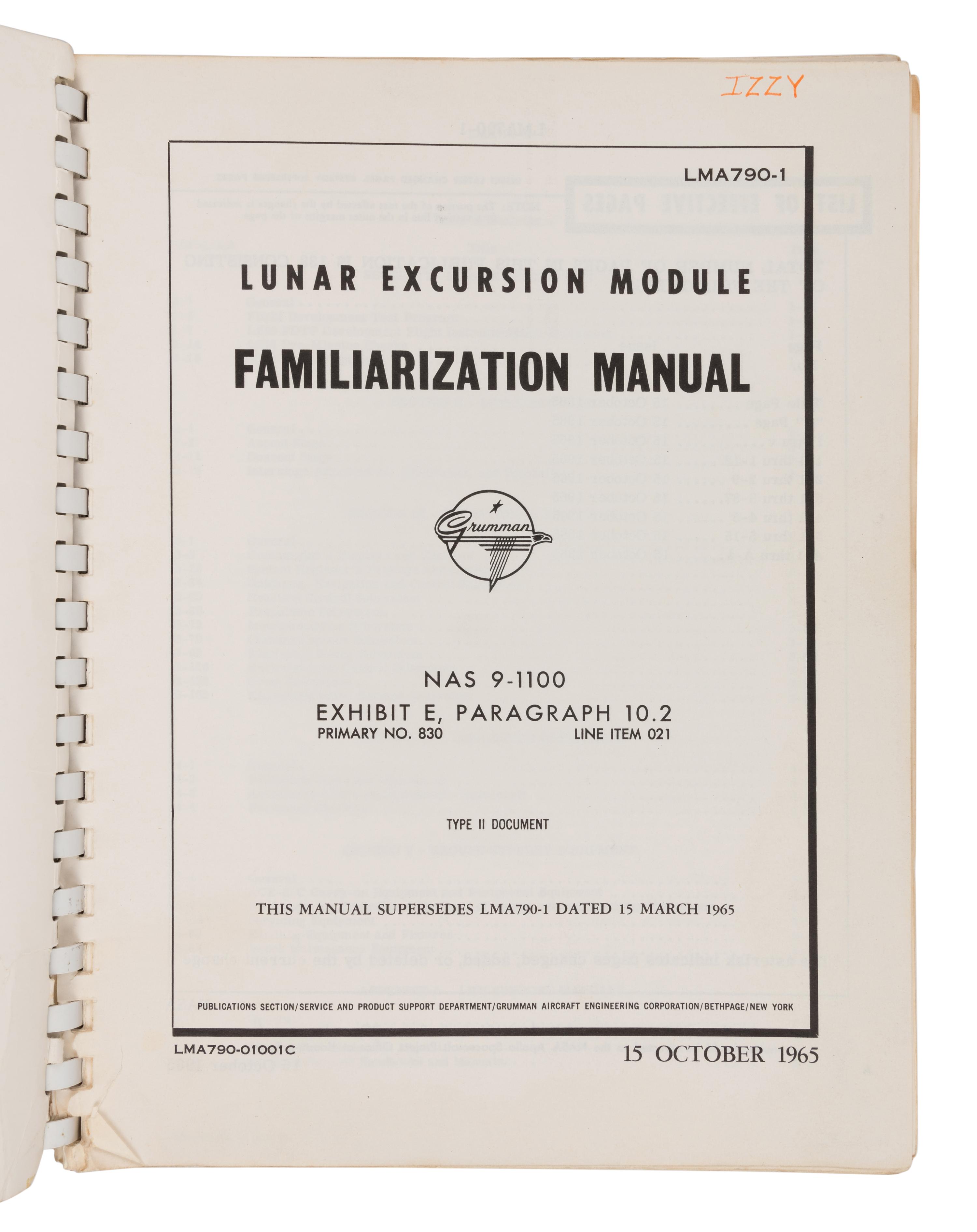 [NASA]. Lunar Excursion Module First Manned Lunar Landing Familiarization Manual . Grumman Aircraft Engineering Corporation, 15 October 1965.