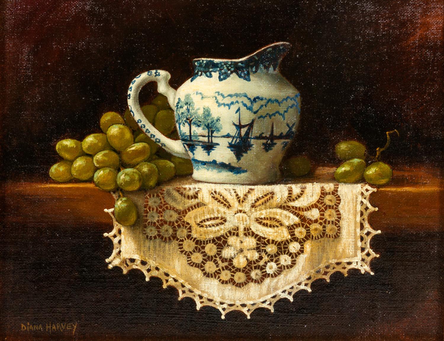 Diana Harvey, (20th century), Still Life with Porcelain Pitchers and Fruit (two works)