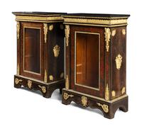 A Pair of French Gilt Bronze Mounted Boulle Marquetry Marble-Top Cabinets