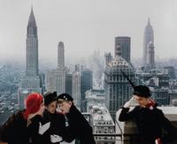 Norman Parkinson (1913-1990) Young Velvets, Young Prices, Hat Fashions, for British "Vogue" (The New York skyline from the roof of the Condé Nast building on Lexington Avenue, New York City), 1949