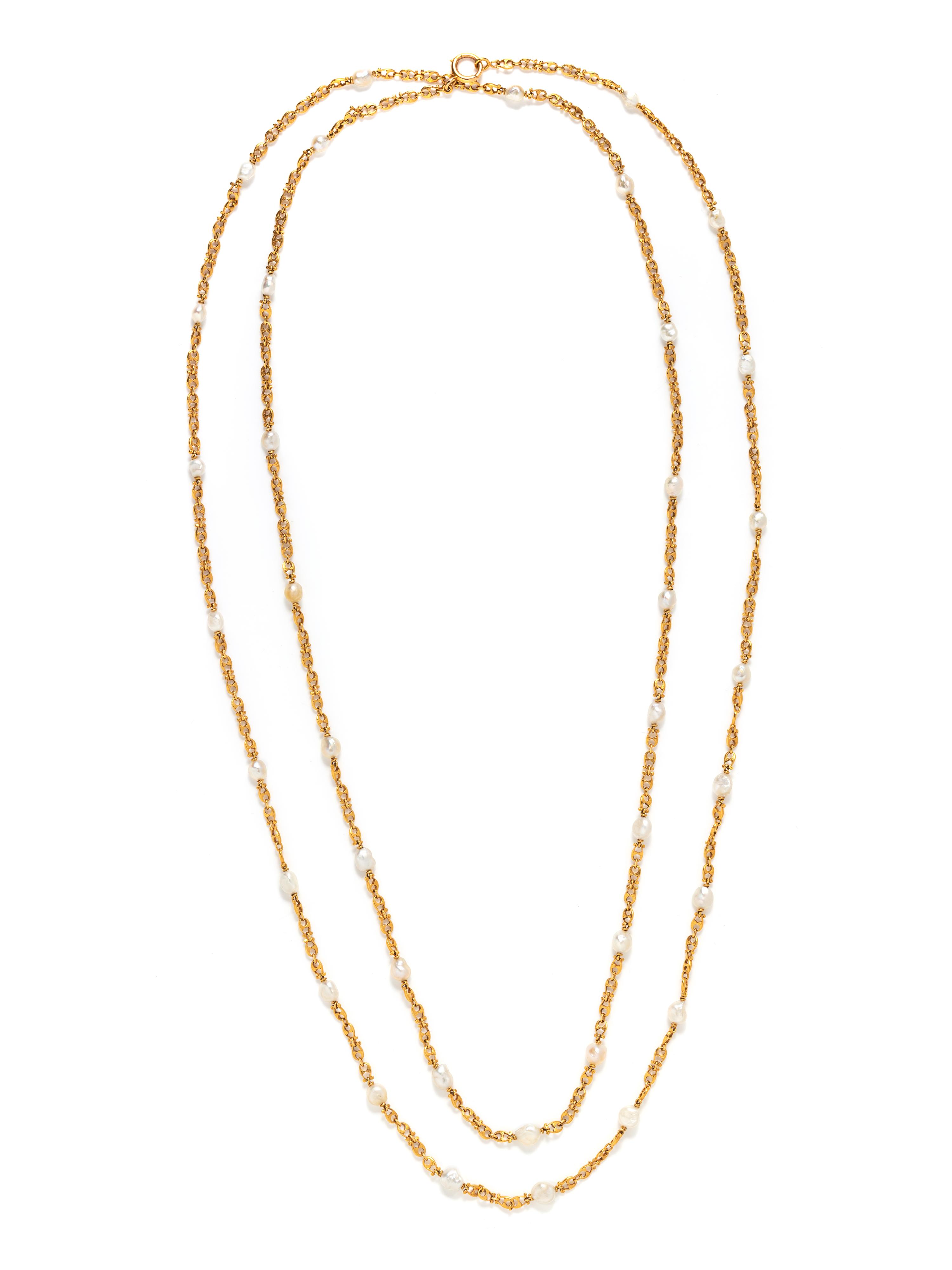 ANTIQUE, YELLOW GOLD AND PEARL LONGCHAIN NECKLACE