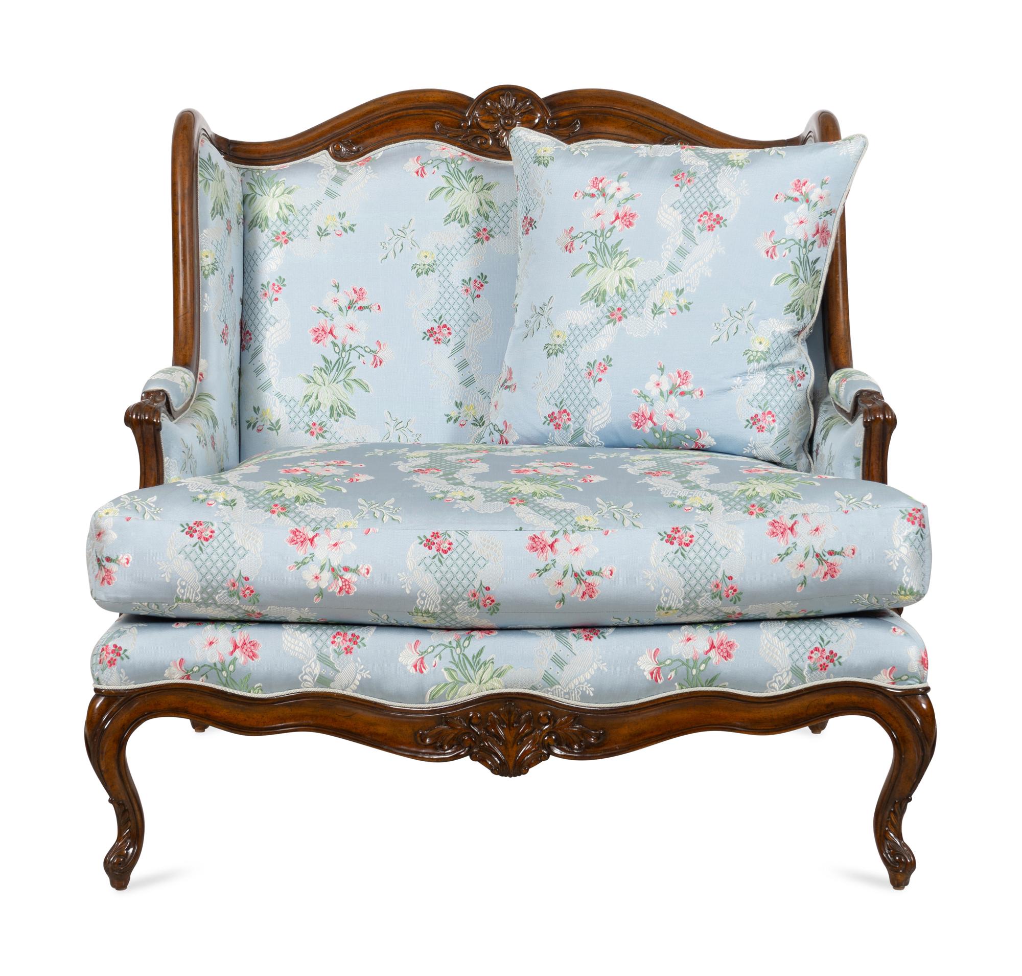 A Louis XV Style Mahogany Marquise with Blue Scalamandré Upholstery