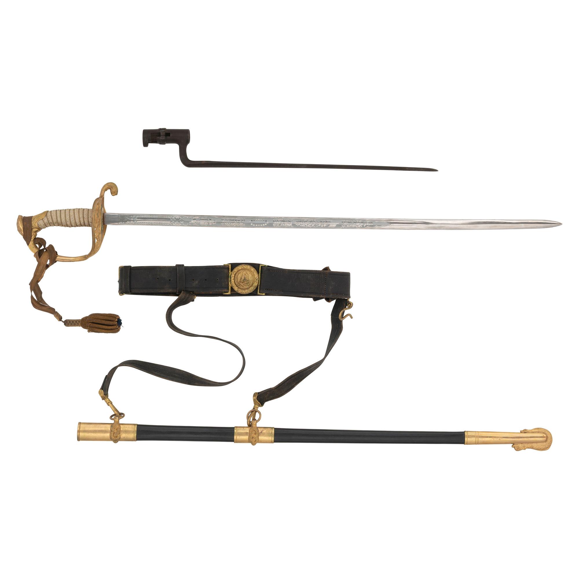 Post Civil War US Navy Model 1852 Officer's Sword, Scabbard & Belt and a Trapdoor Cadet Socket Bayonet