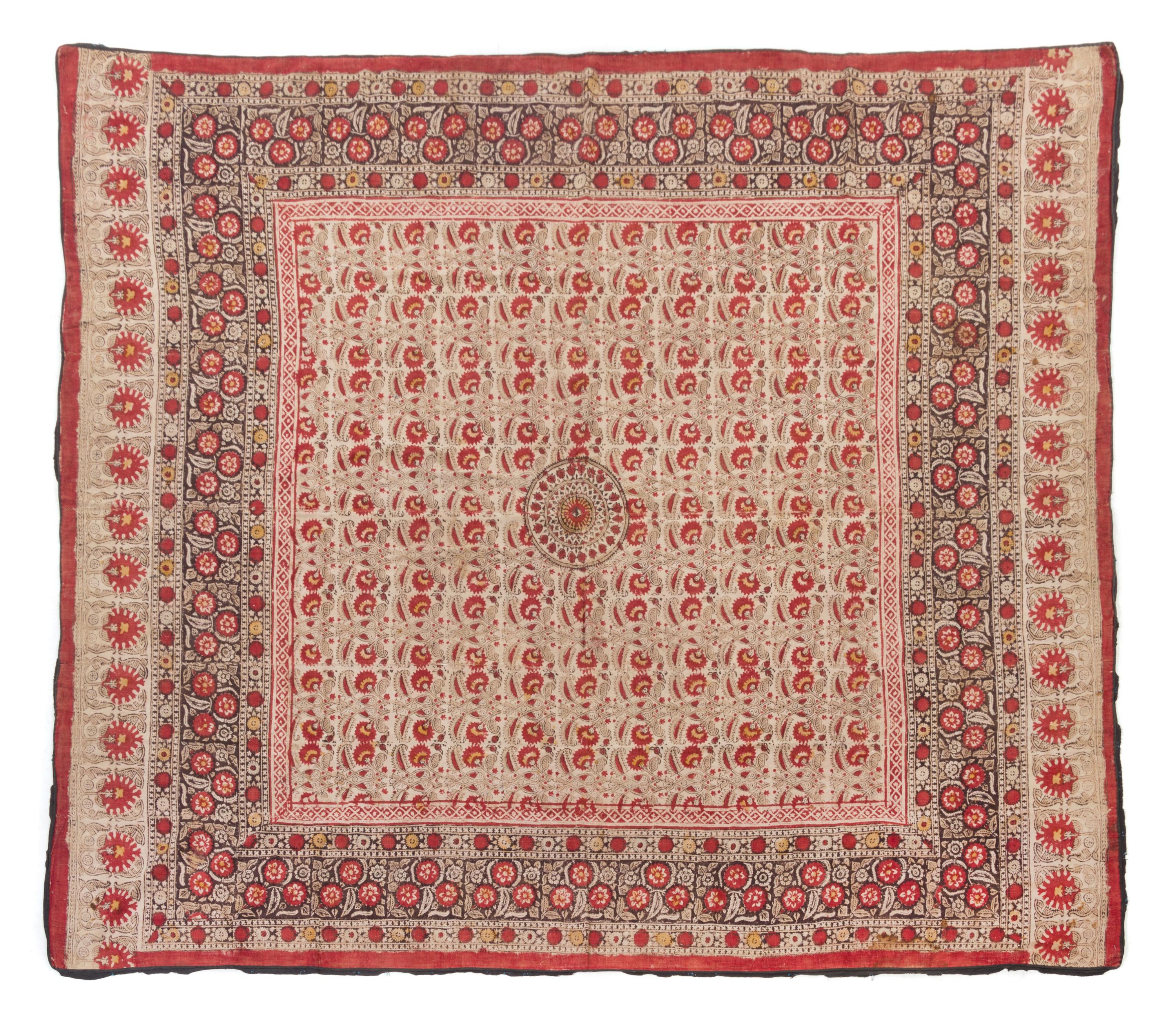 Two Block Printed Cotton Panels 8 feet 2 inches x 6 feet 5 inches, 7 feet 6 1/4 inches x 6 feet 4 inches. — EARLY 20TH CENTURY