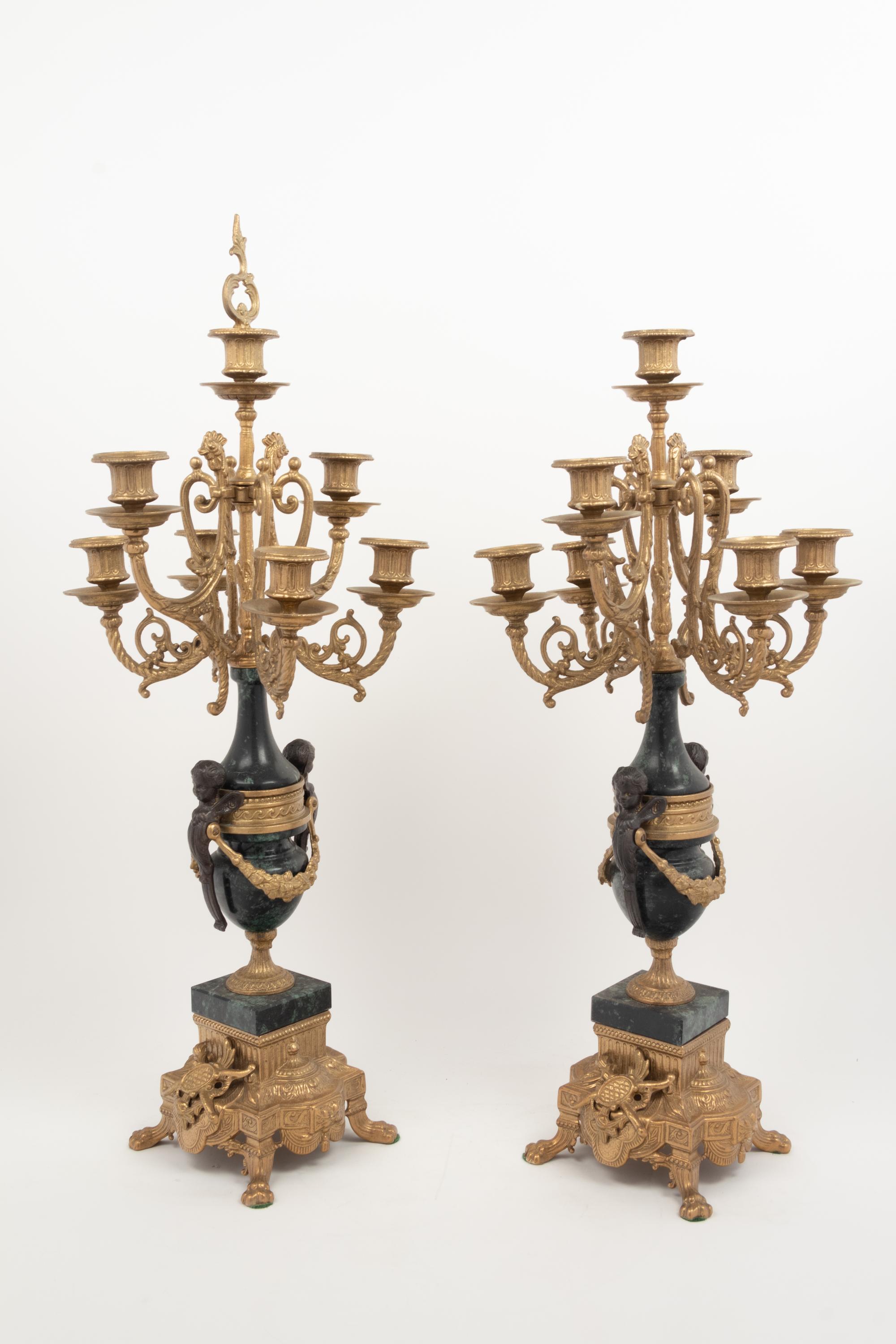 A Pair of Empire Style Gilt Metal Mounted Marble Seven-Light Candelabra