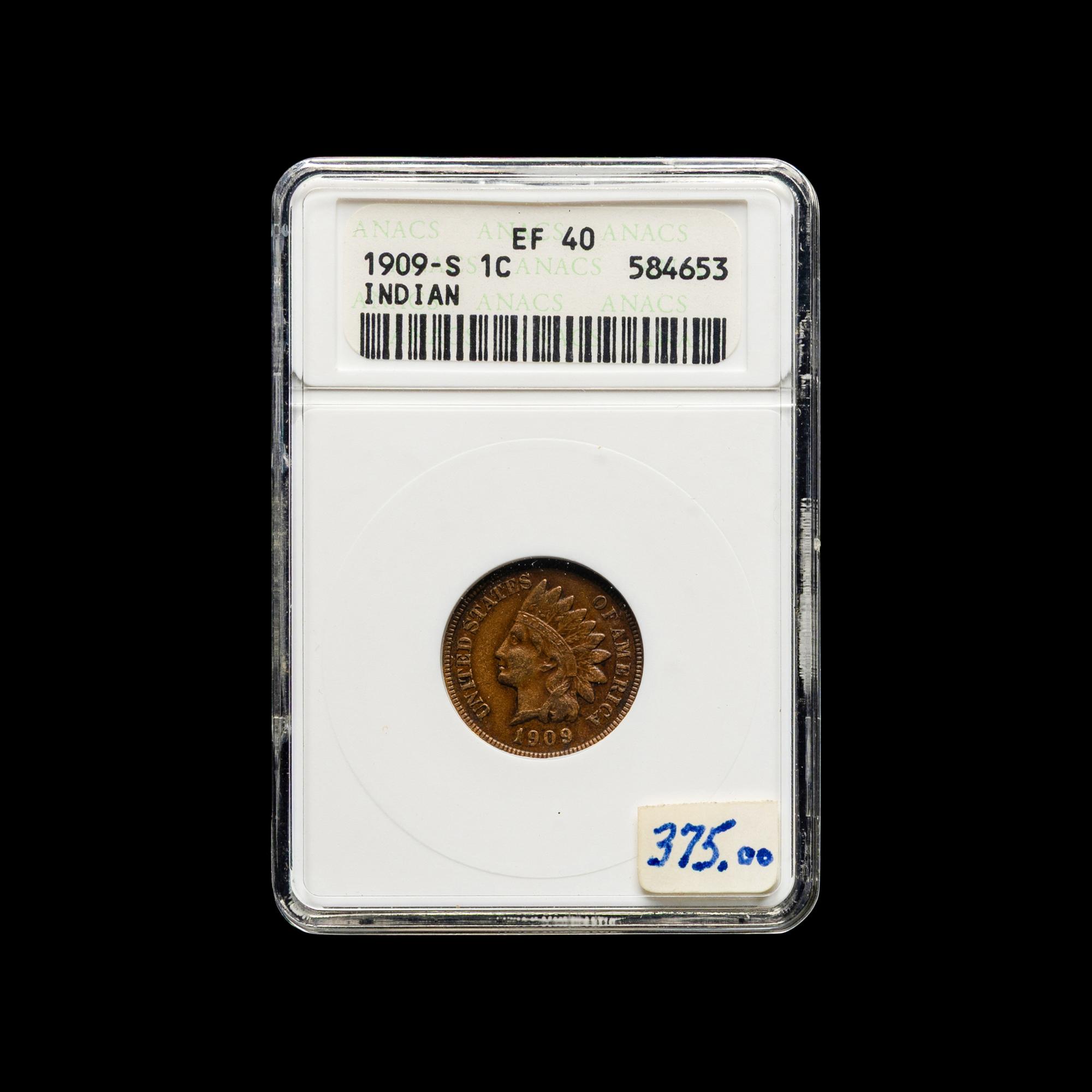 A 1909-S Indian Head 1c Coin (ANACS EF40)