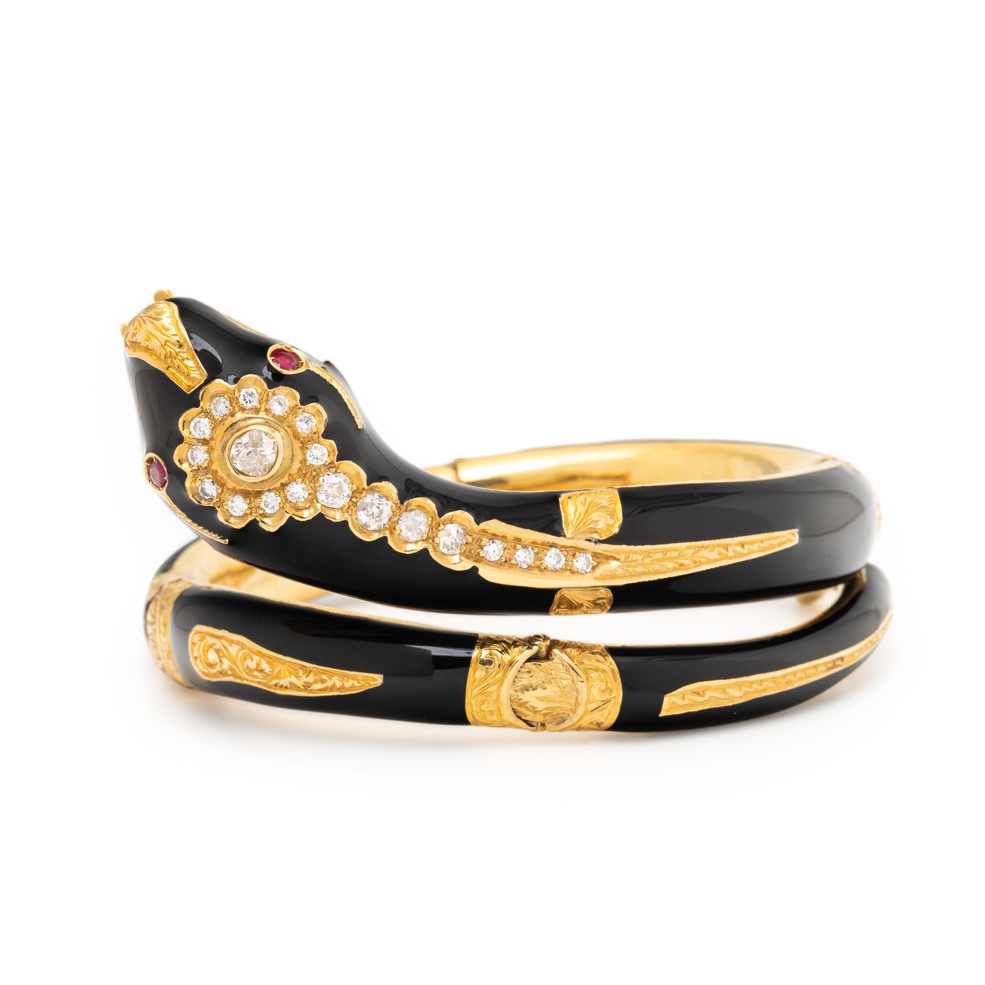 Diamond, Enamel, and Yellow Gold Snake Bangle Bracelet