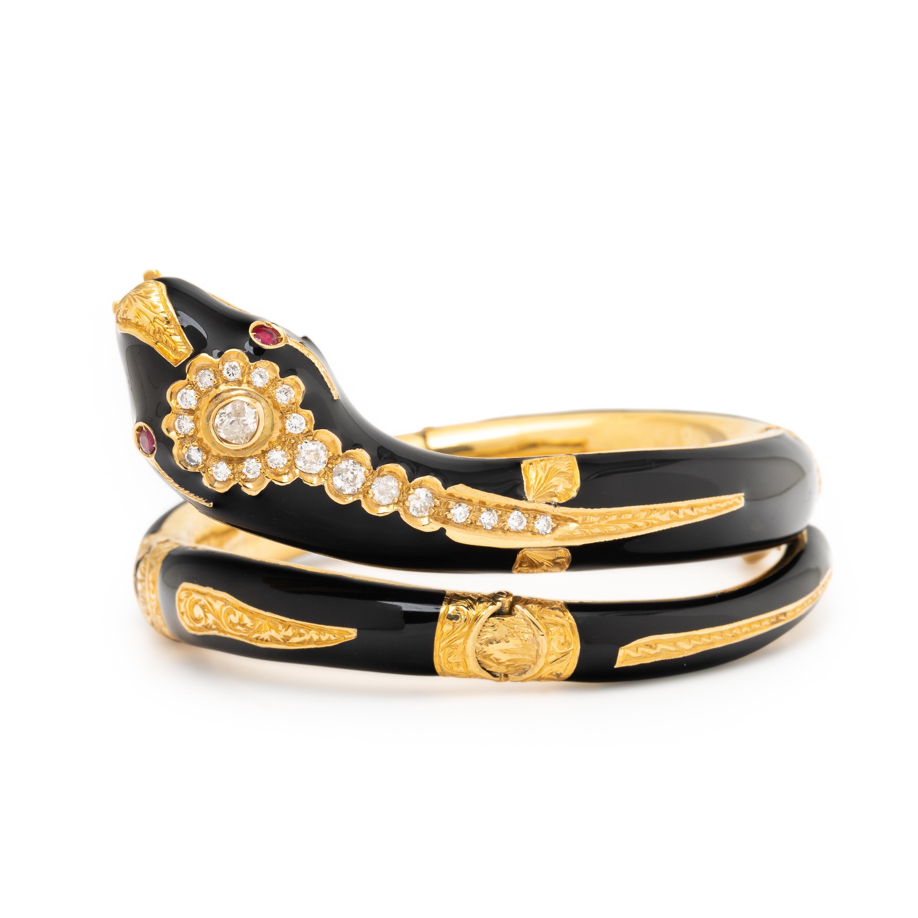 Diamond, Enamel, and Yellow Gold Snake Bangle Bracelet