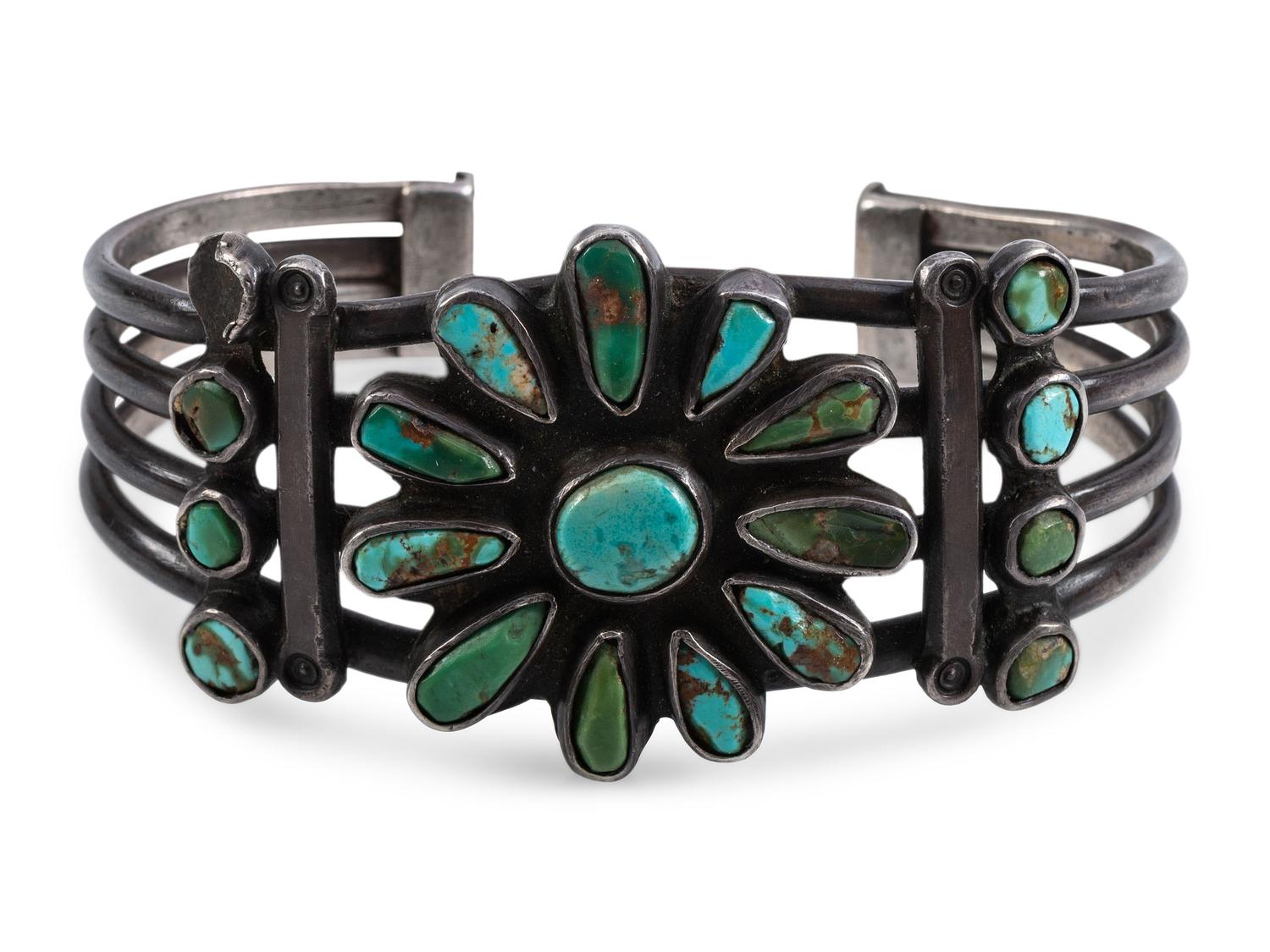 Navajo Silver and Turquoise Cluster Cuff Bracelet