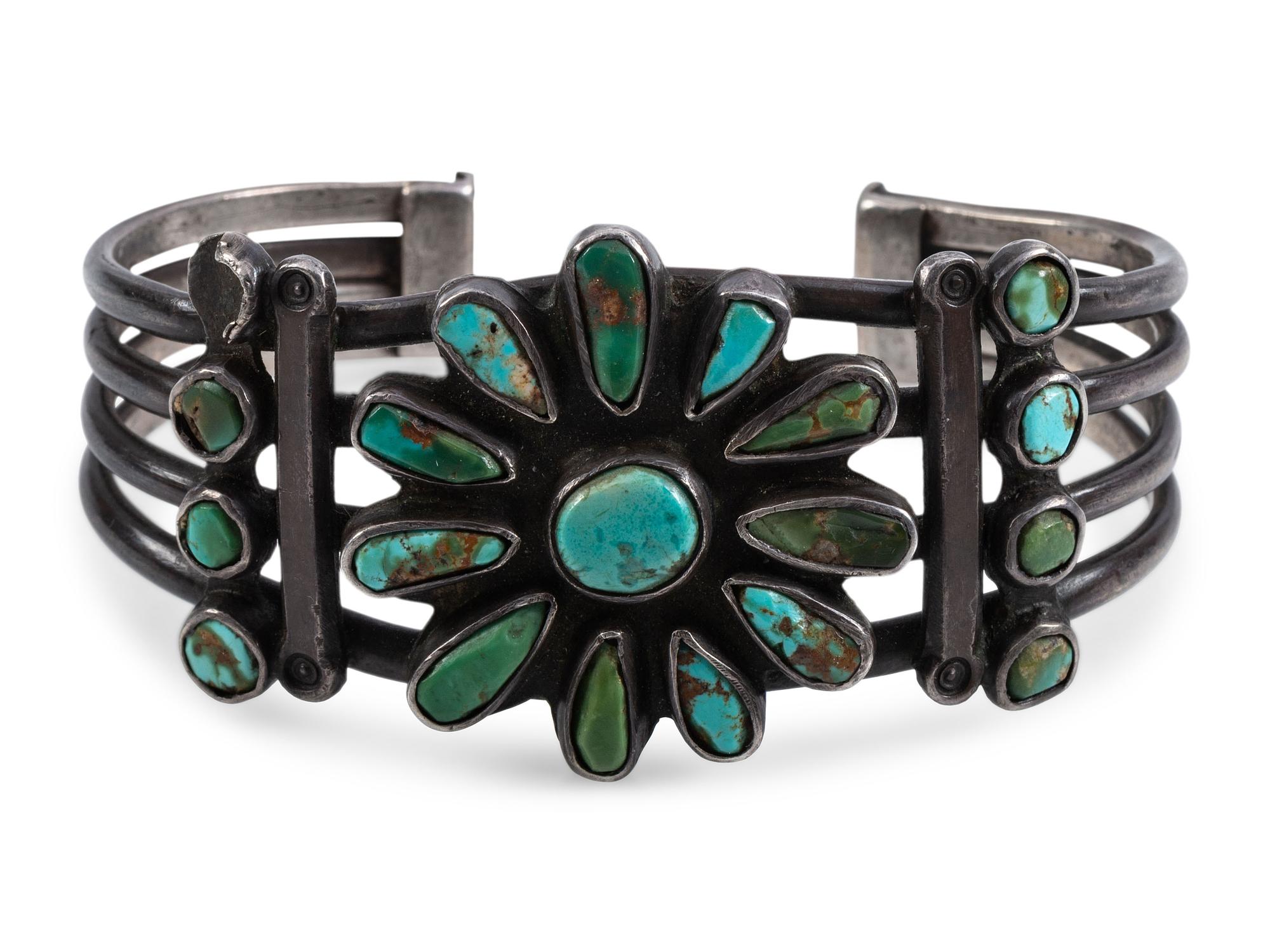 Navajo Silver and Turquoise Cluster Cuff Bracelet