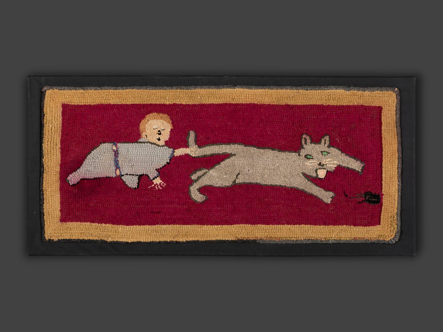An American Hooked Rug with Baby, Cat and Mouse