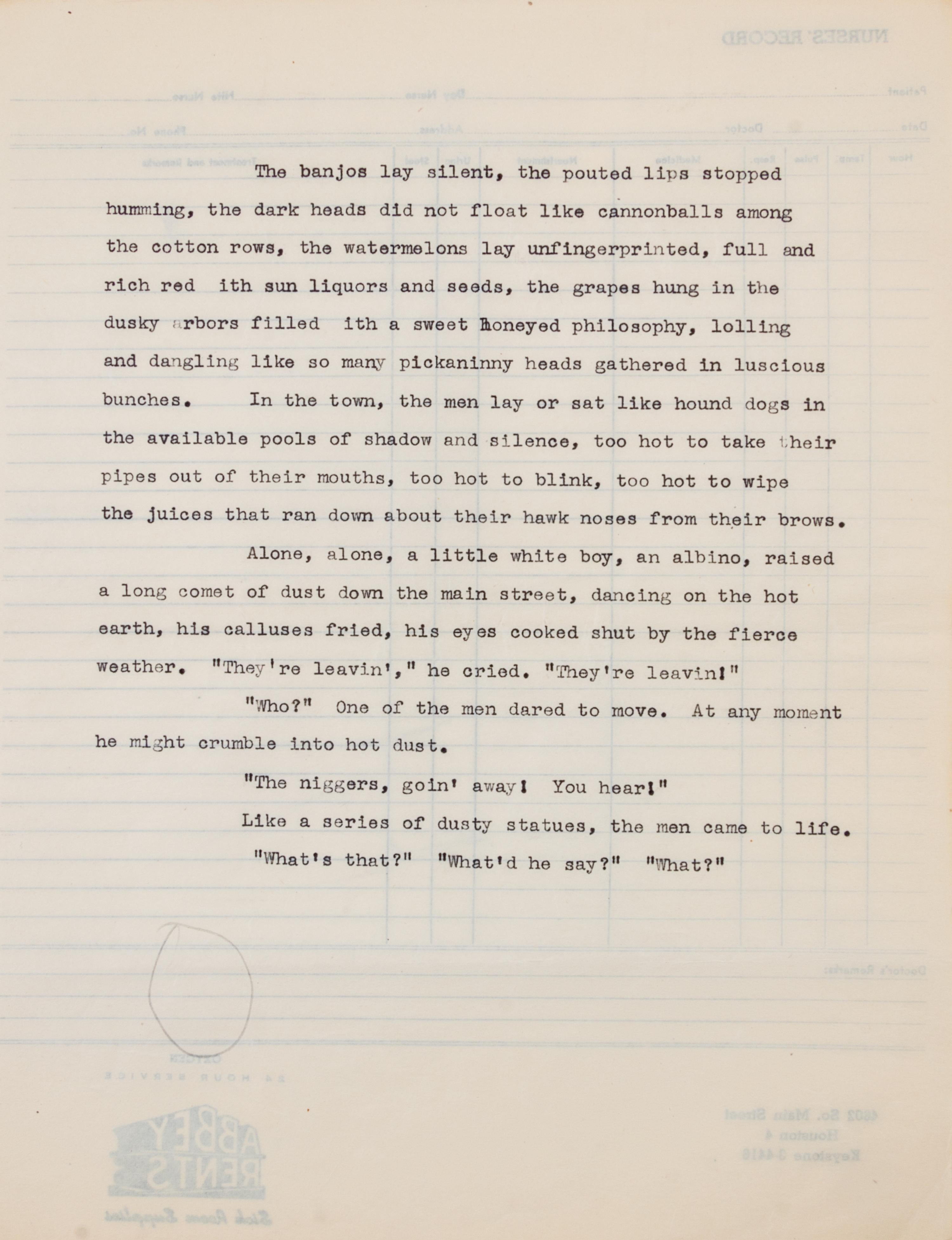 BRADBURY, RAY. At Midnight, in the Month of June, September 1952. Typescript with mss annotations