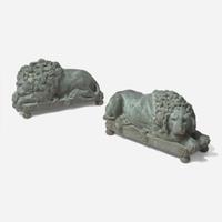 After Antonio Canova (Italian, 1757-1822) A Pair of Bronze Recumbent Lion Garden Sculptures, late 19th / 20th century