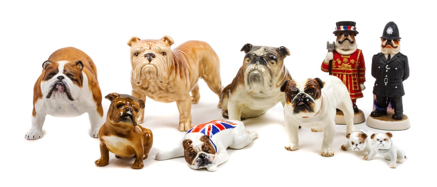 A Group of Ten Bulldog Figures Width of widest 8 1/2 inches.