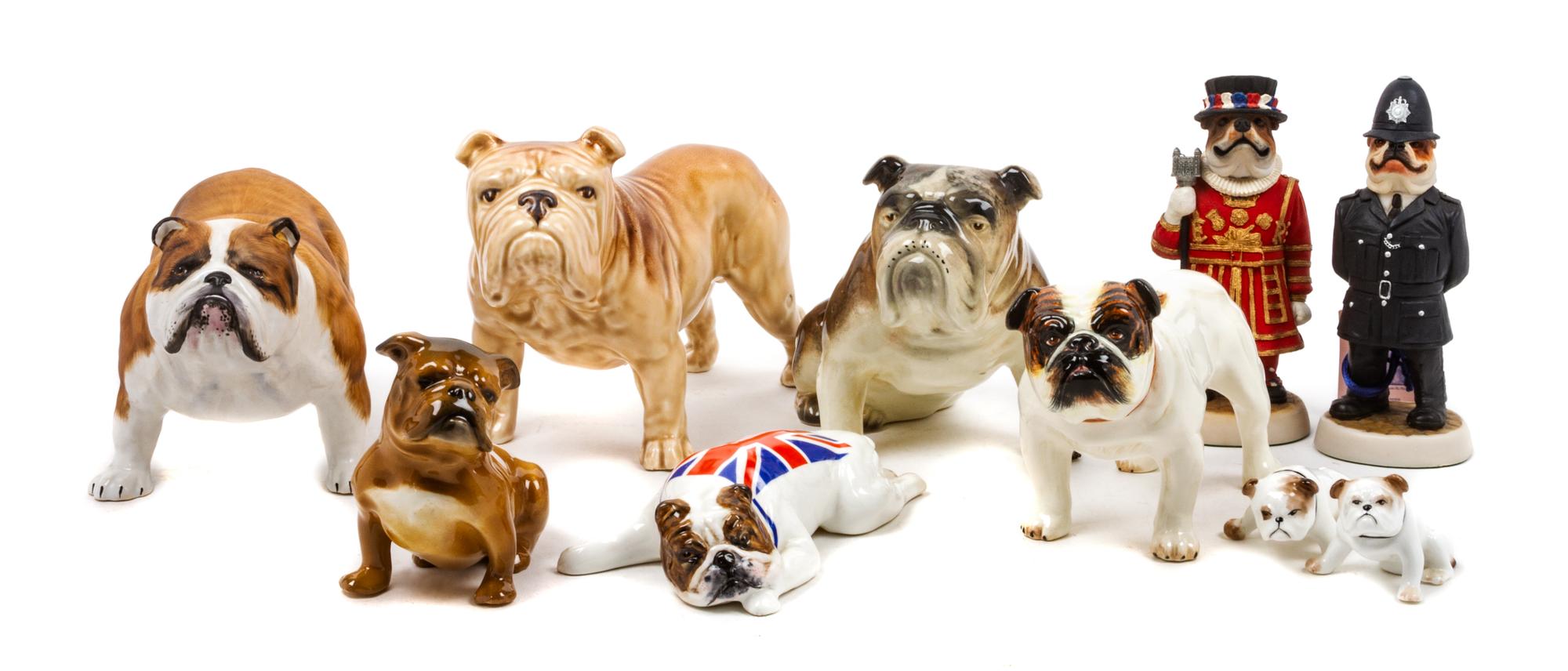 A Group of Ten Bulldog Figures Width of widest 8 1/2 inches.