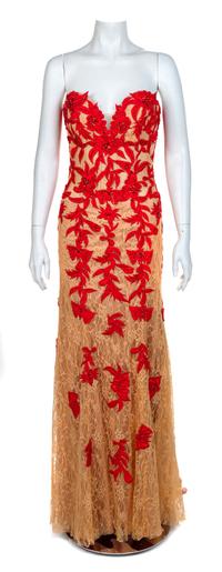 Jovani Tan Lace Strapless Illusion Mermaid Dress, 2000s Size label: 6