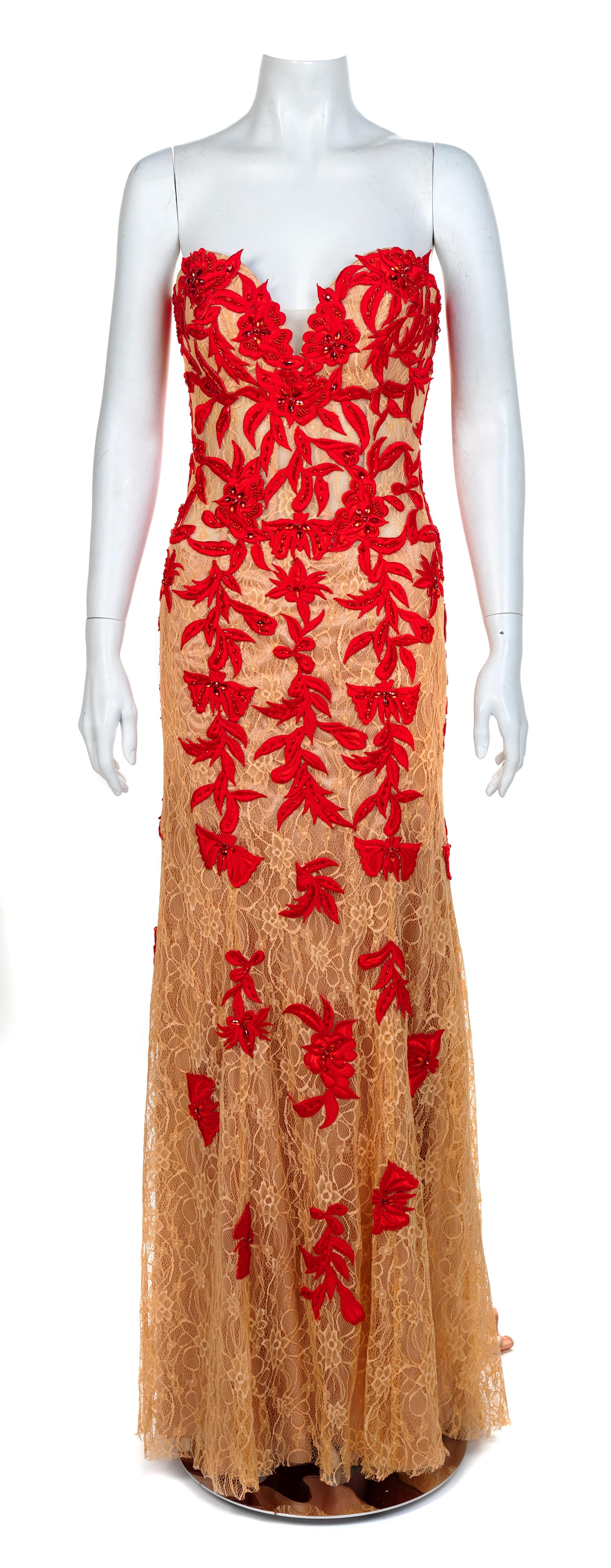 Jovani Tan Lace Strapless Illusion Mermaid Dress, 2000s Size label: 6