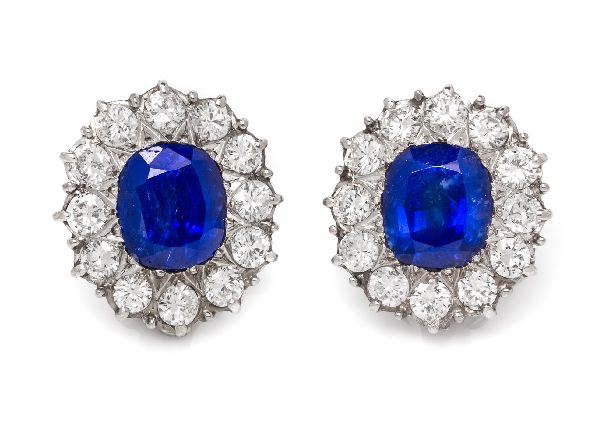 A Pair of Platinum, Burmese Sapphire and Diamond Earclips, 4.20 dwts.