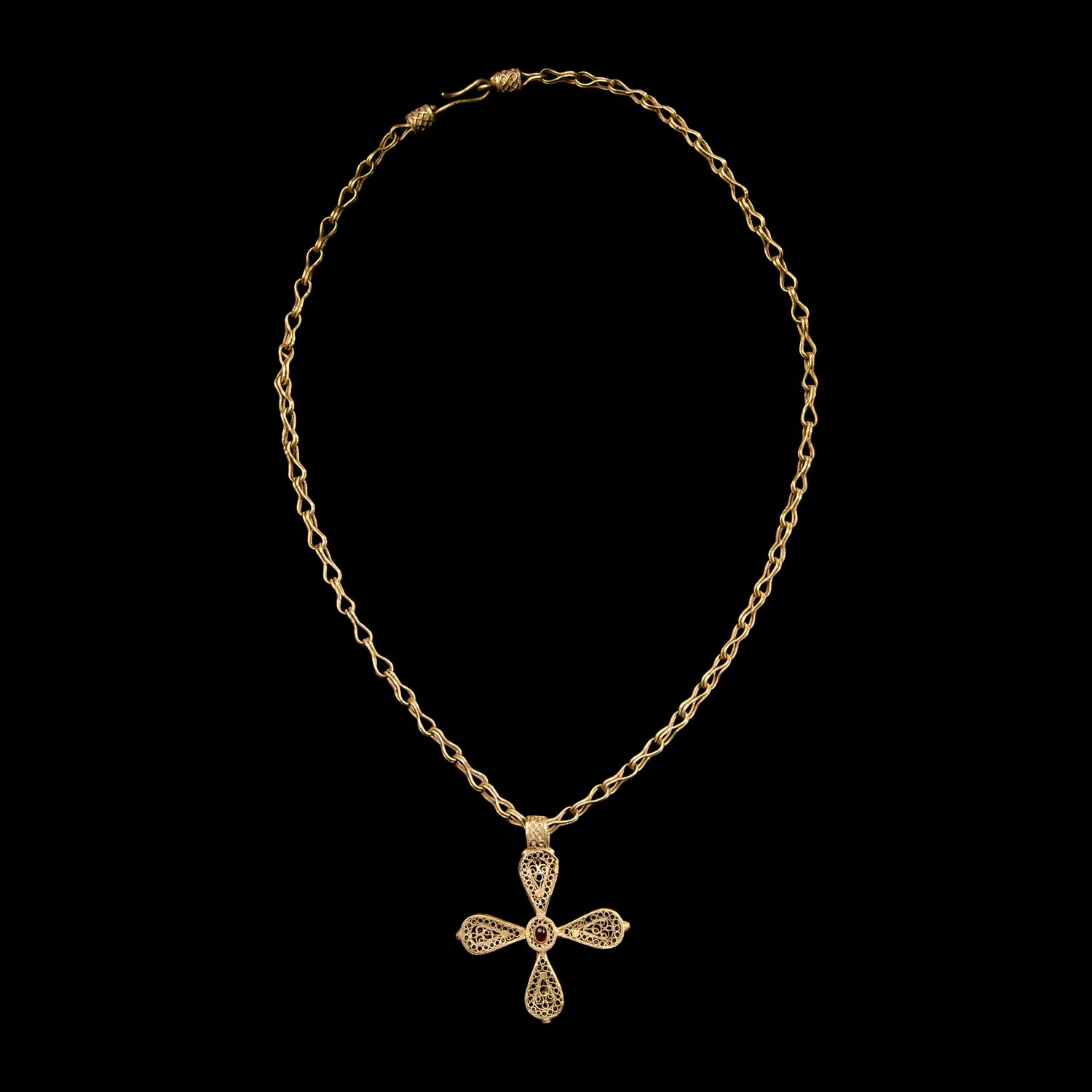 A Byzantine Gold and Garnet Cross Necklace