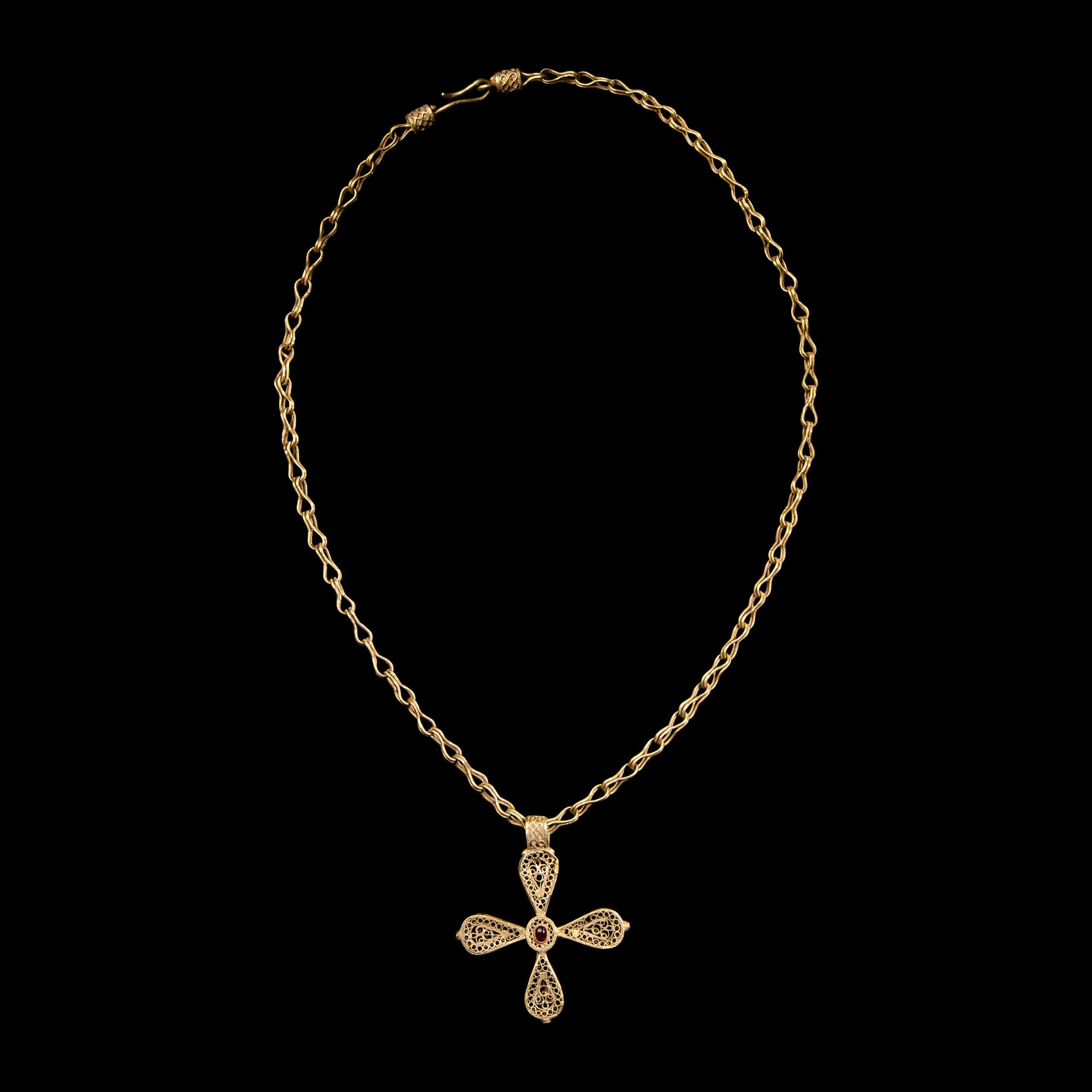 A Byzantine Gold and Garnet Cross Necklace