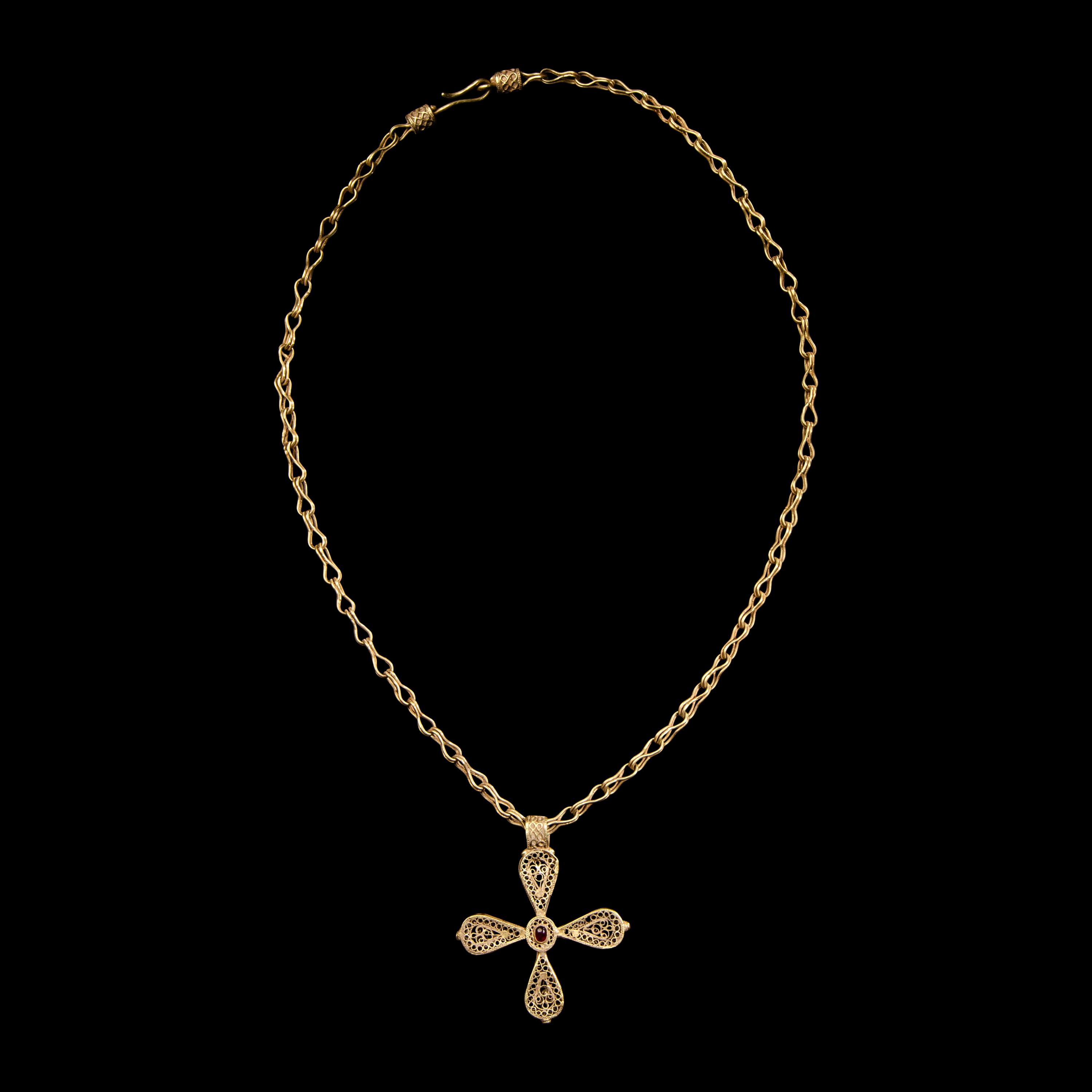 A Byzantine Gold and Garnet Cross Necklace