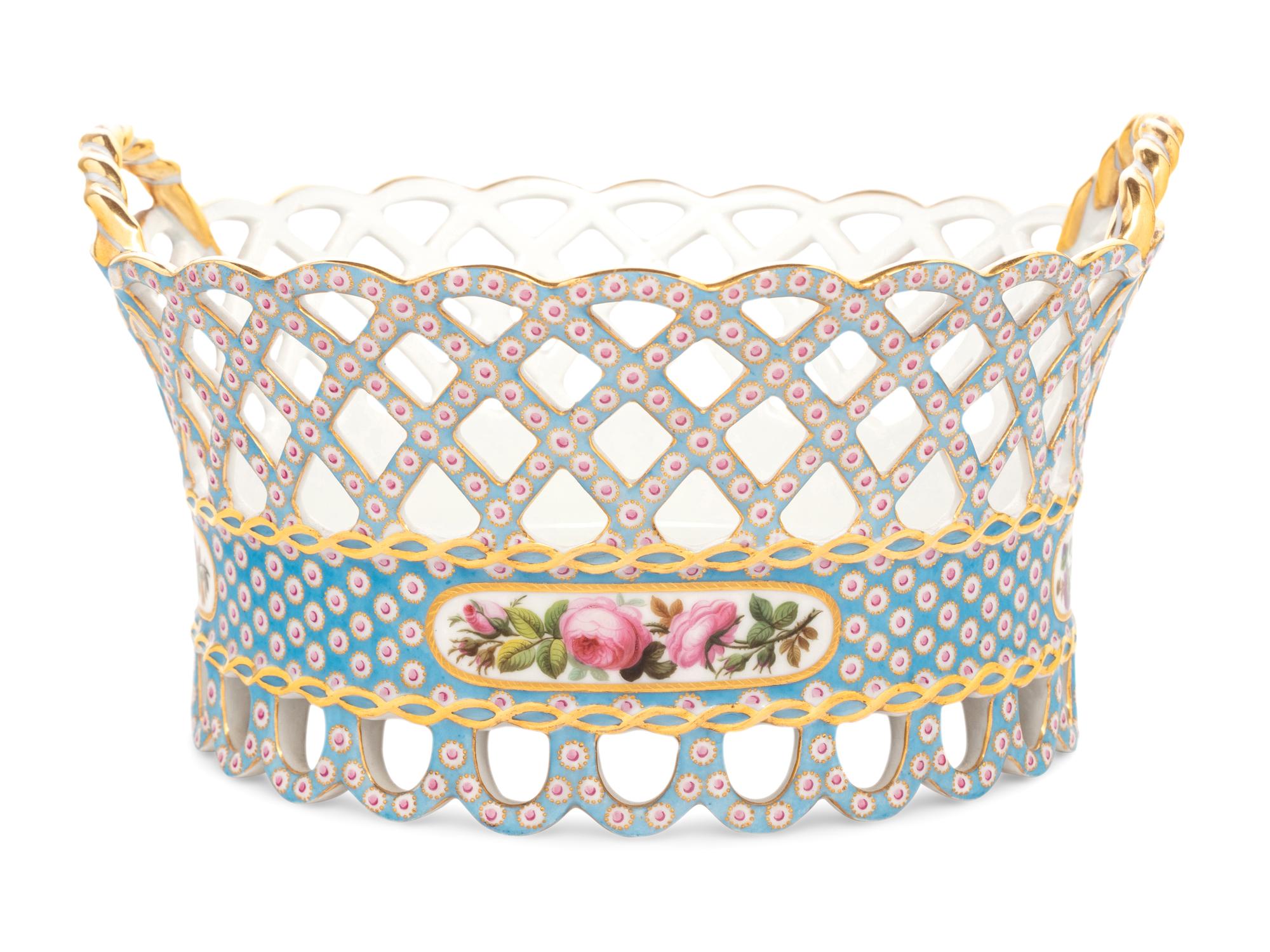 A French Blue-Ground Reticulated Porcelain Basket