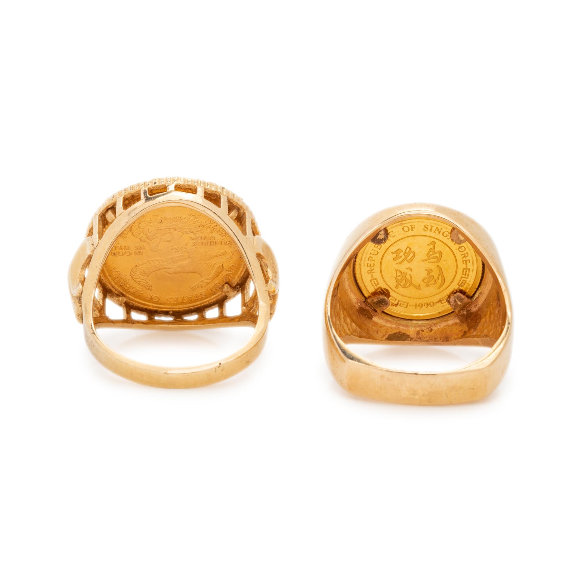 COLLECTION OF YELLOW GOLD AND COIN RINGS