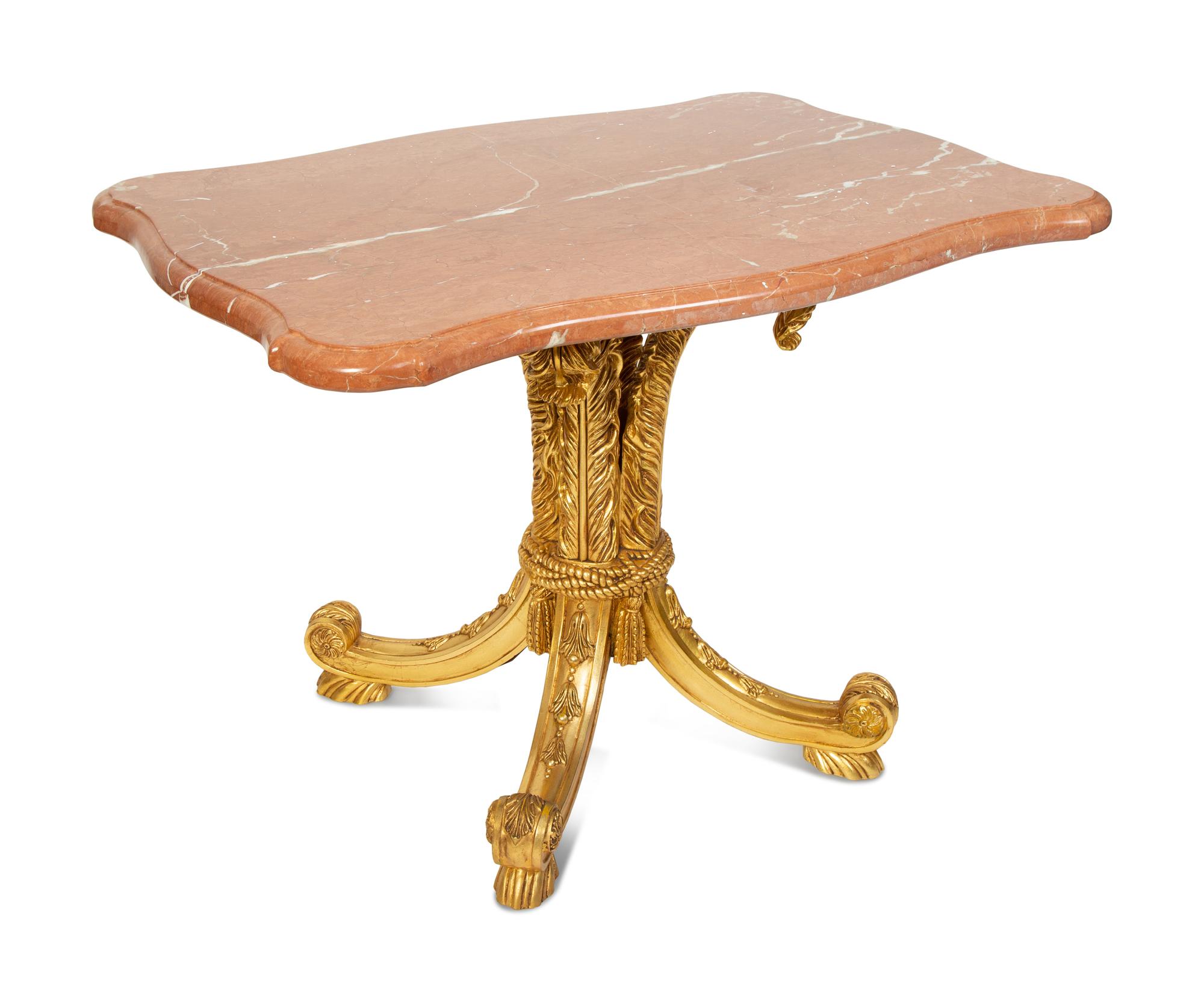 A Louis XV Style Carved Giltwood Rouge Marble Top Table — 20TH CENTURY
