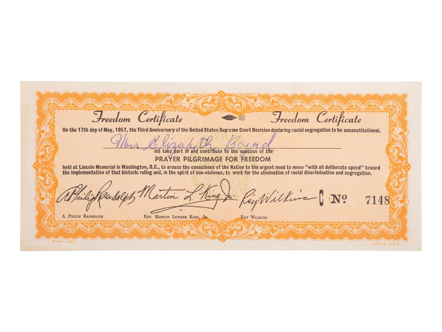 [CIVIL RIGHTS] -- [KING, Martin Luther, Jr. (1929-1968)]. "Freedom Certificate" issued for participation in the Prayer Pilgrimage for Freedom held at Lincoln Memorial, Washington, DC. 17 May 1957.