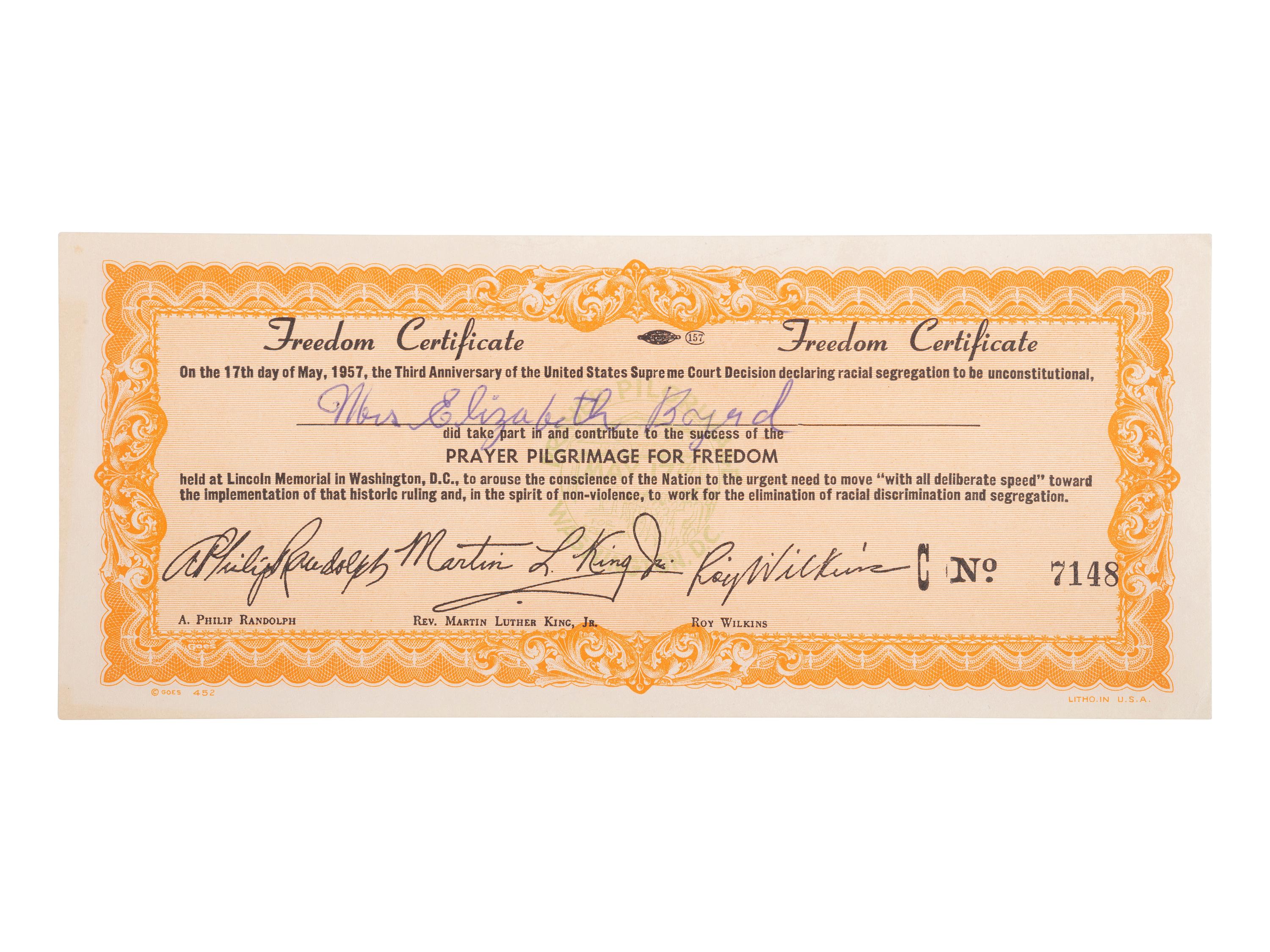 [CIVIL RIGHTS] -- [KING, Martin Luther, Jr. (1929-1968)]. "Freedom Certificate" issued for participation in the Prayer Pilgrimage for Freedom held at Lincoln Memorial, Washington, DC. 17 May 1957.