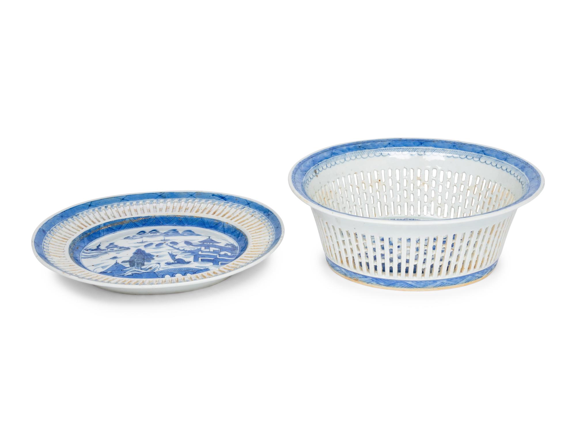 A Canton Blue and White Porcelain Reticulated Basket and Underplate