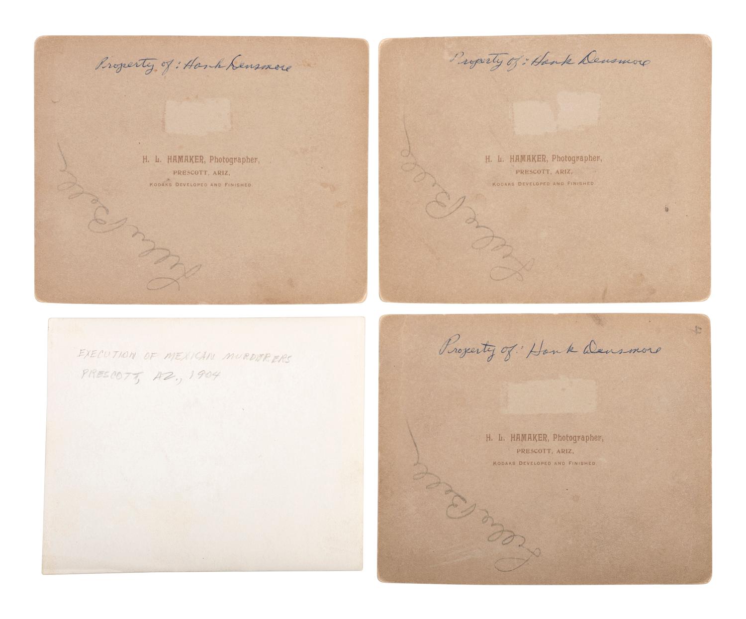 [OUTLAWS]. HAMAKER, H.L., photographer. A series of 3 photographs documenting the Prescott, Arizona, execution of Fleming Parker. Prescott, AZ: ca 1898.