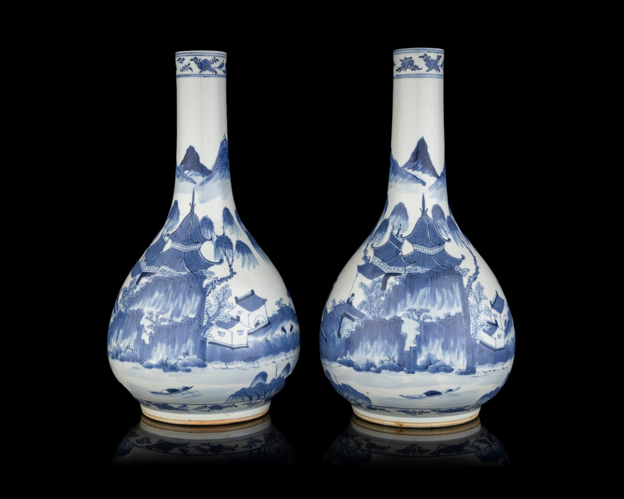 A Pair of Chinese Blue and White Porcelain Bottle Vases