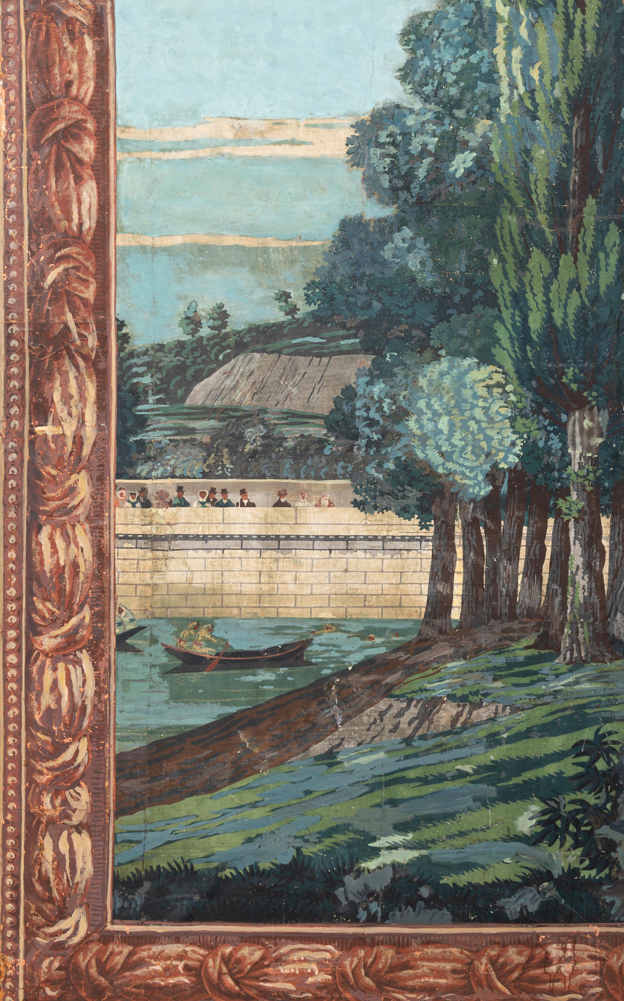 A French Hand-Painted Panoramic Wallpaper Mounted on a Six-Panel Screen