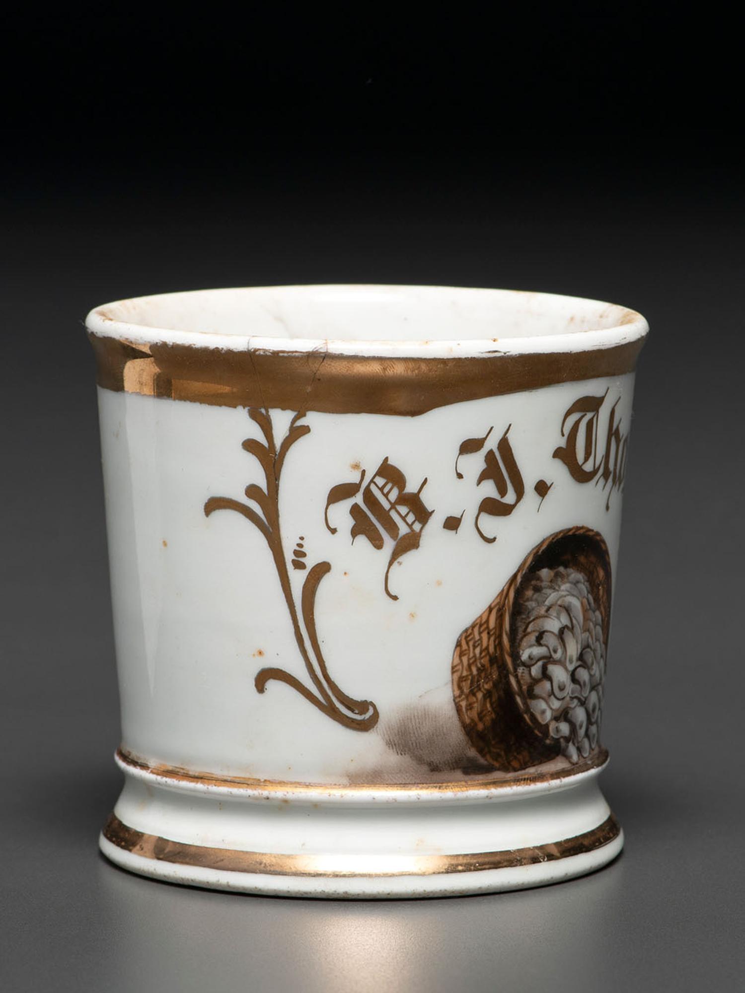 A Porcelain Occupational Shaving Mug Depicting a Bushel of Oysters