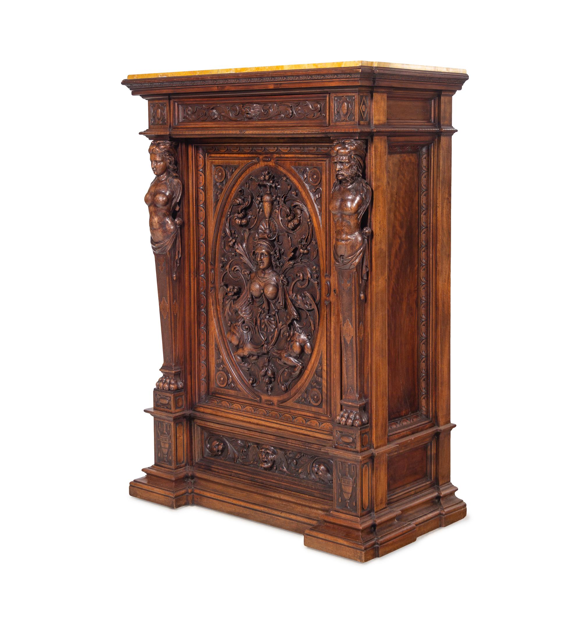 A Pair of Renaissance Revival Carved Walnut Marble-Top Cabinets