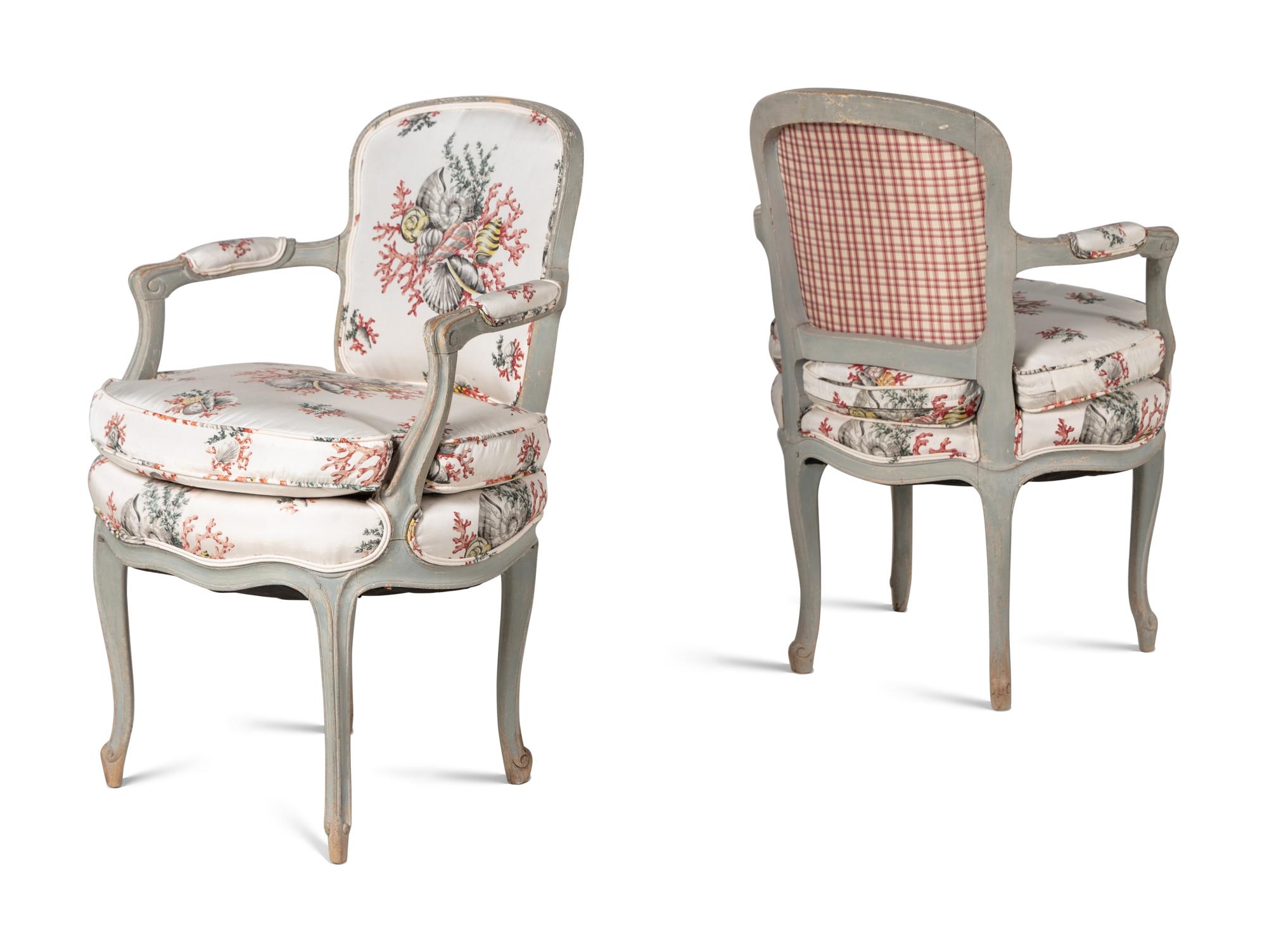 A Set of Four Louis XV Gray-Painted Fauteuils
