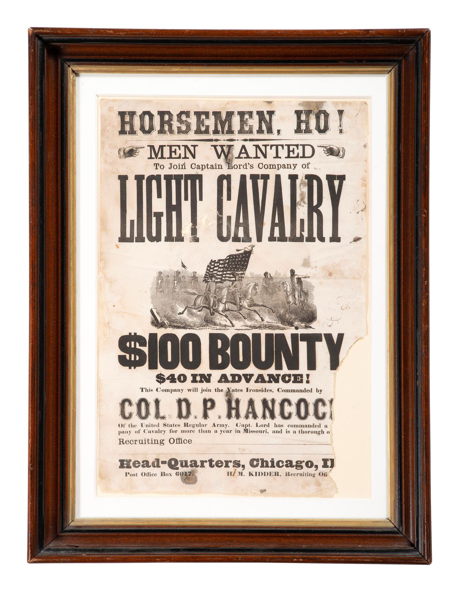 [CIVIL WAR]. Horsemen, Ho! Men Wanted To Join Captain Lord's Company of Light Cavalry $100 Bounty . Chicago, IL: Np., n.d.
