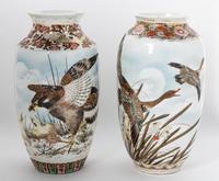 A Matched Pair of Japanese Polychrome Enameled Porcelain Vases Height 14 1/2 inches. — 20TH CENTURY