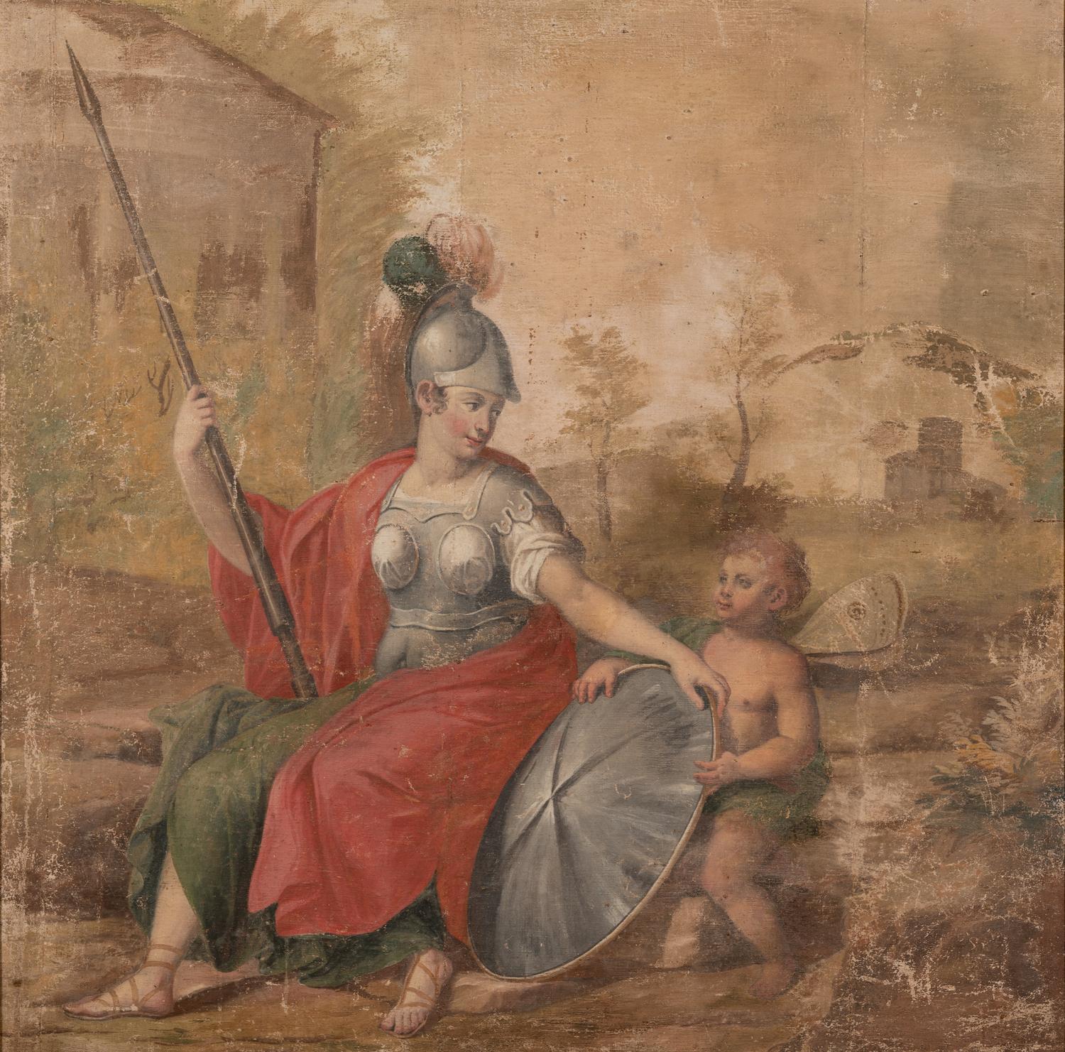 A Continental Painted Canvas Scenic Panel