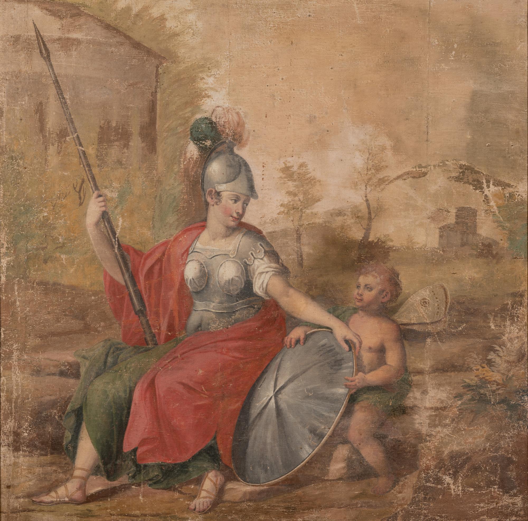 A Continental Painted Canvas Scenic Panel