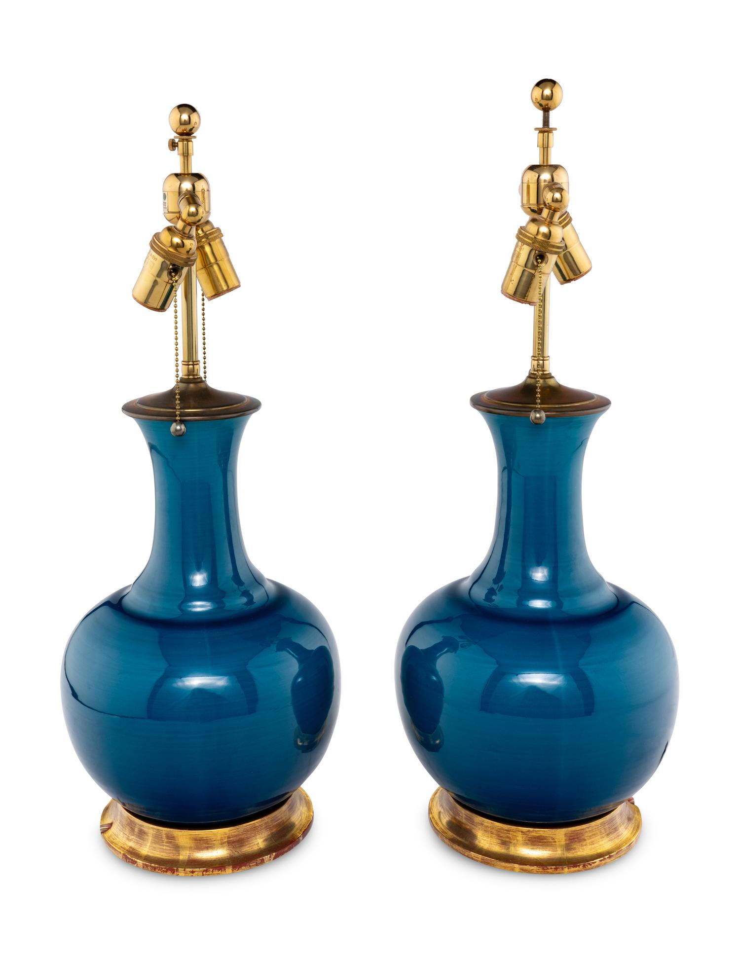 A Pair of Christopher Spitzmiller Blue-Glazed Table Lamps