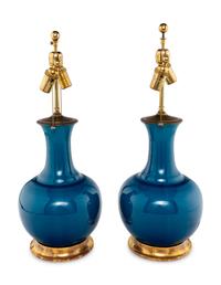 A Pair of Christopher Spitzmiller Blue-Glazed Table Lamps