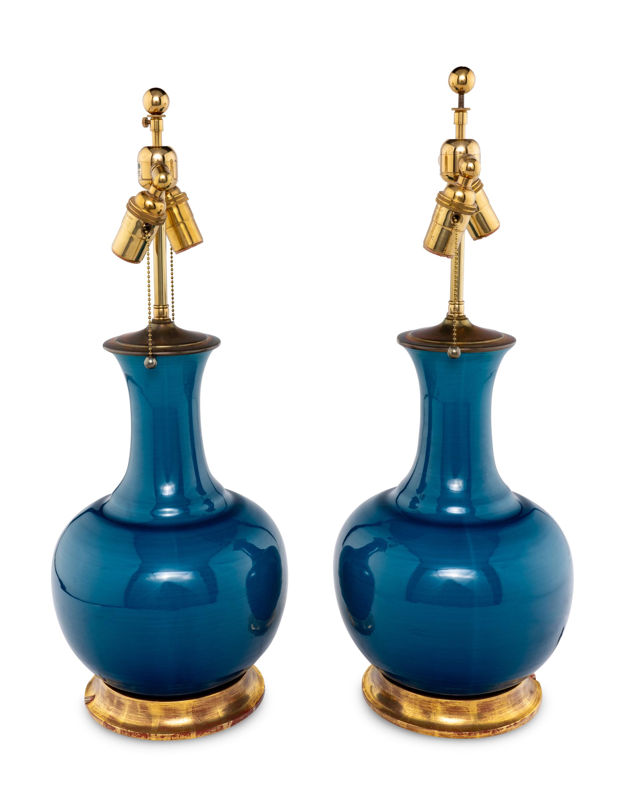 A Pair of Christopher Spitzmiller Blue-Glazed Table Lamps