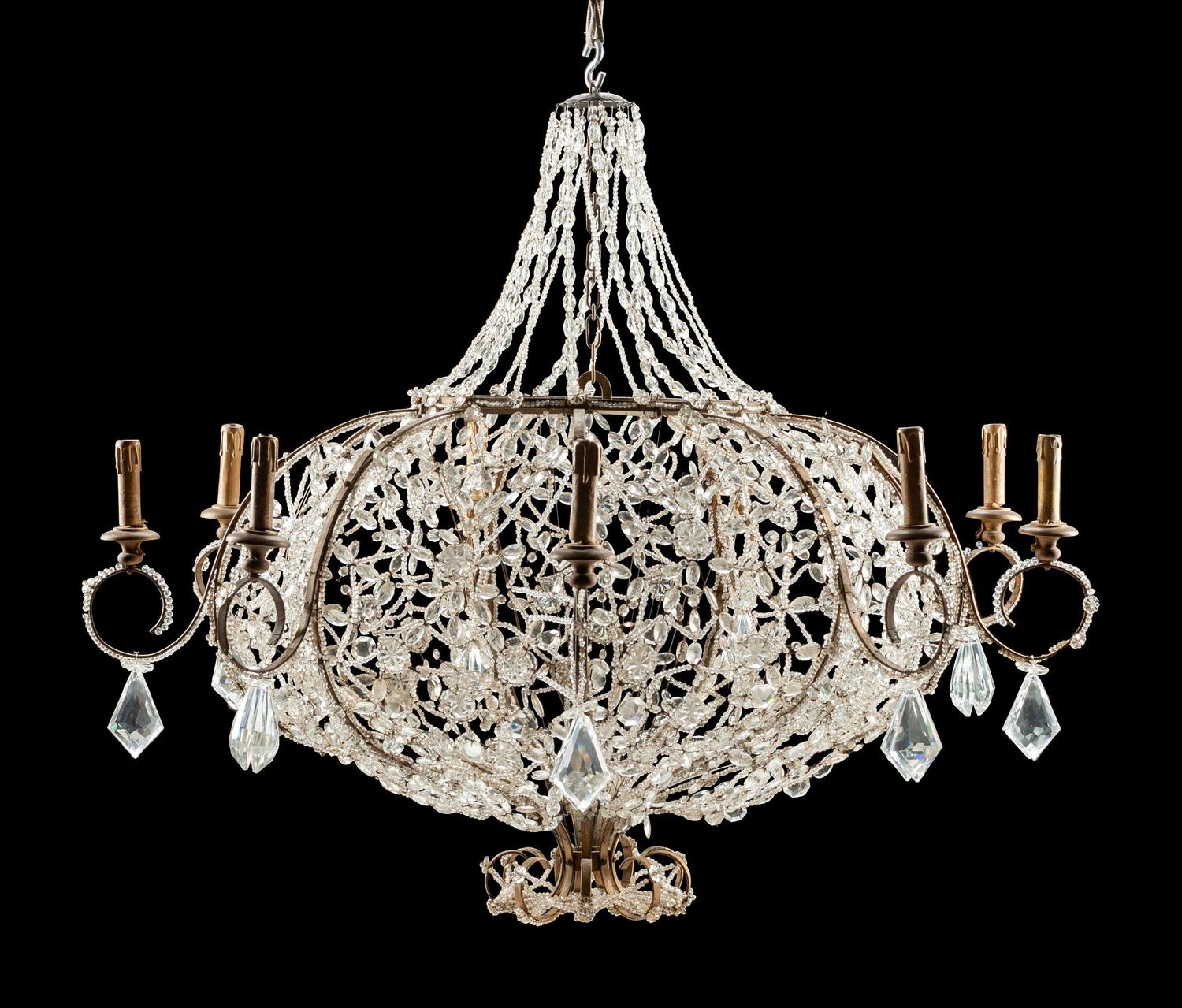 A Continental Gilt Metal and Beaded Nine-Light Chandelier