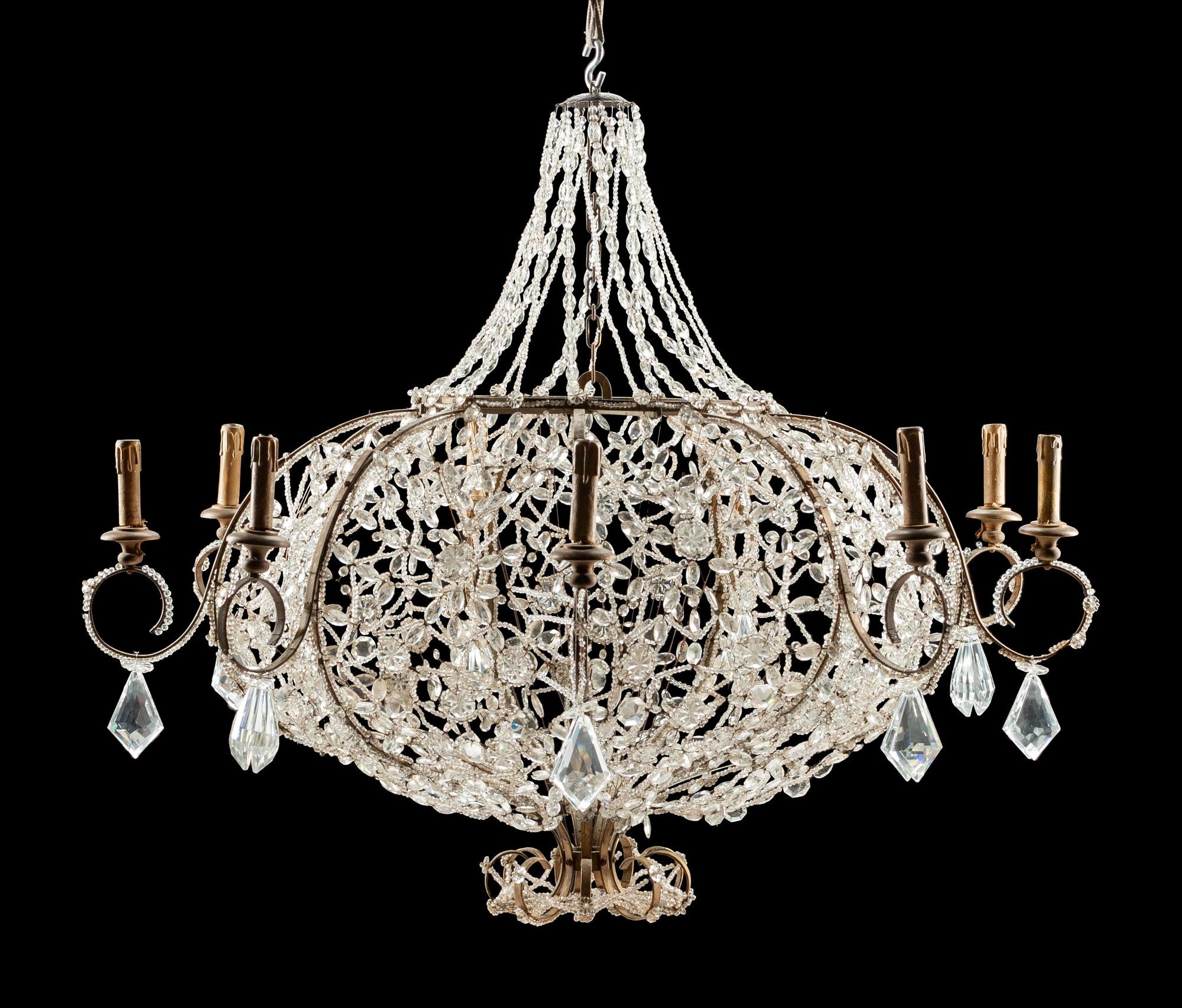 A Continental Gilt Metal and Beaded Nine-Light Chandelier